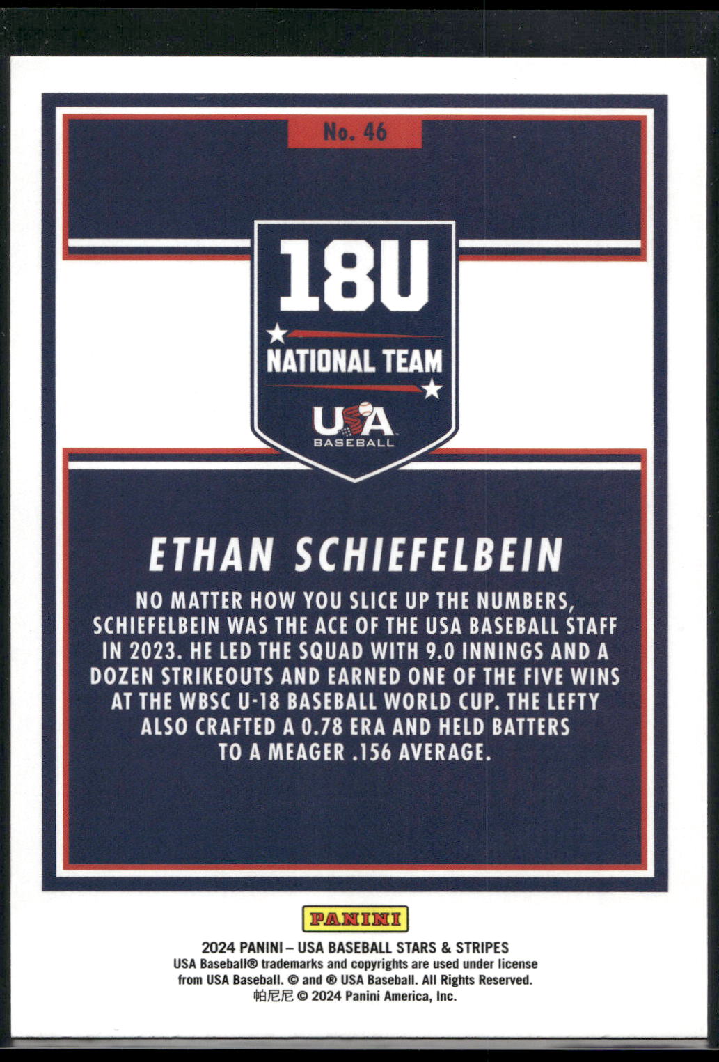 2024 Panini Stars & Stripes USA Baseball #46 Ethan Schiefelbein