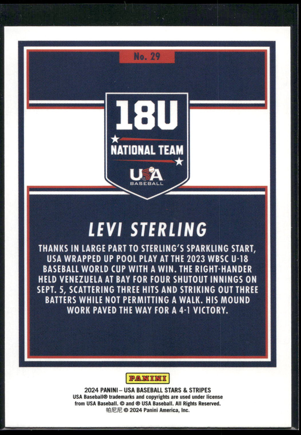 2024 Panini Stars & Stripes USA Baseball #29 Levi Sterling