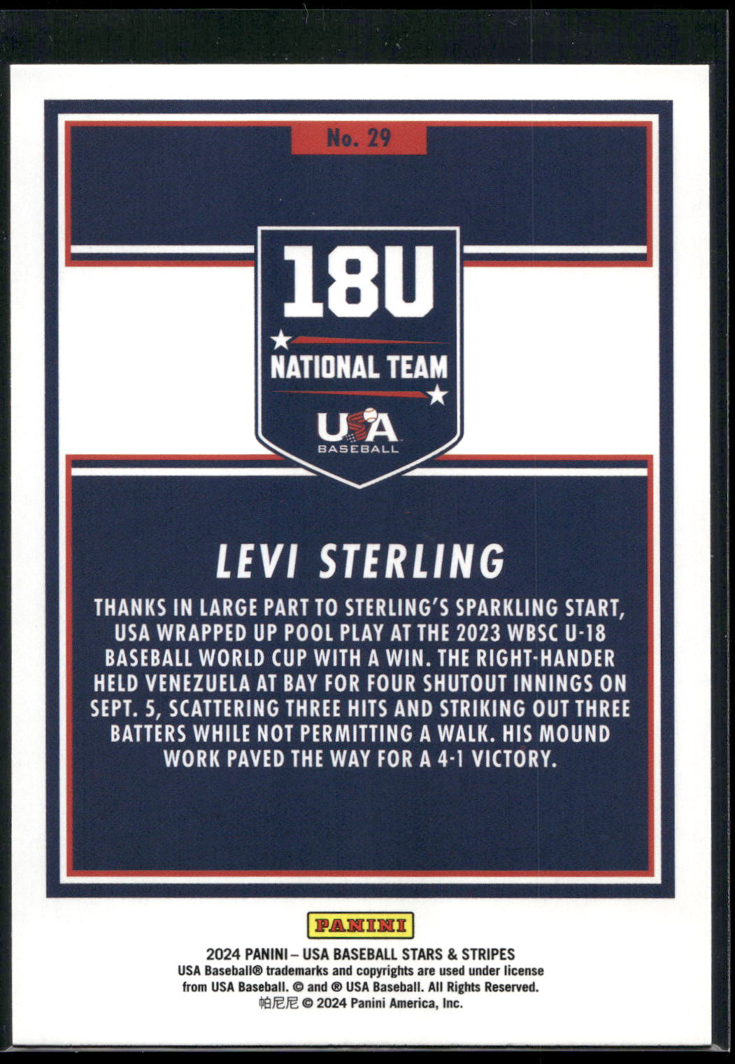 2024 Panini Stars & Stripes USA Baseball #29 Levi Sterling
