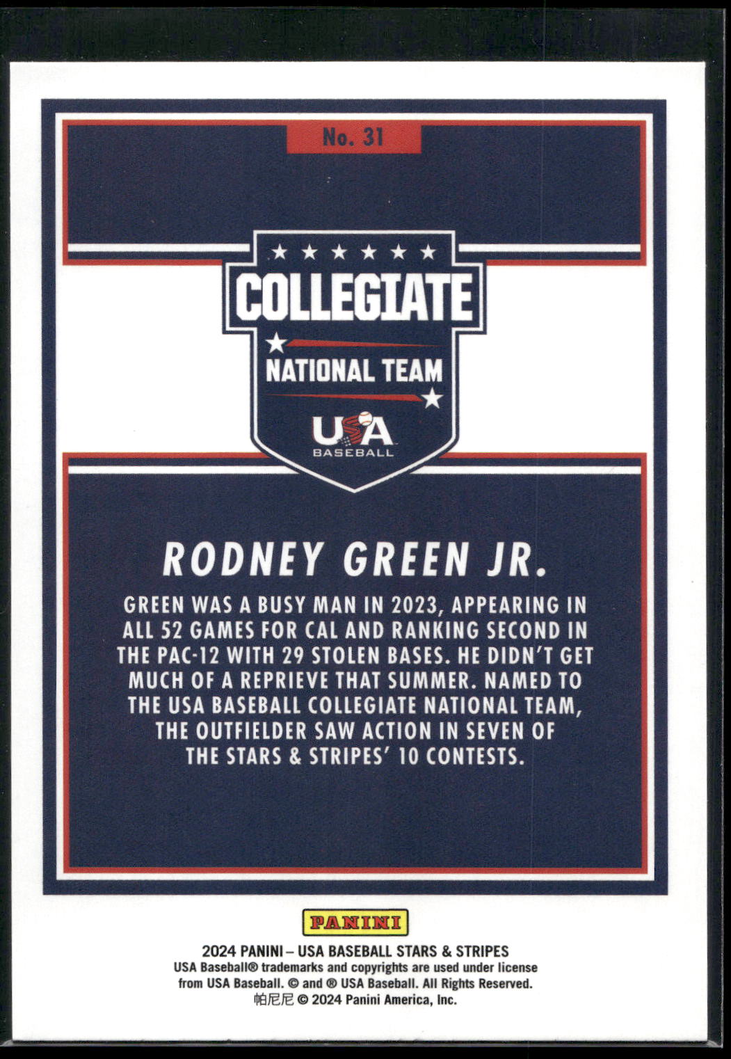 2024 Panini Stars & Stripes USA Baseball #31 Rodney Green Jr.