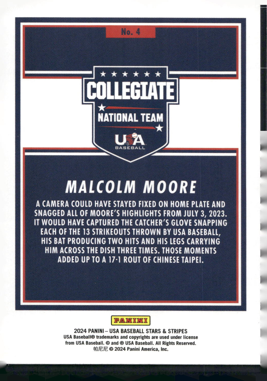 2024 Panini Stars & Stripes USA Baseball #4 Malcolm Moore