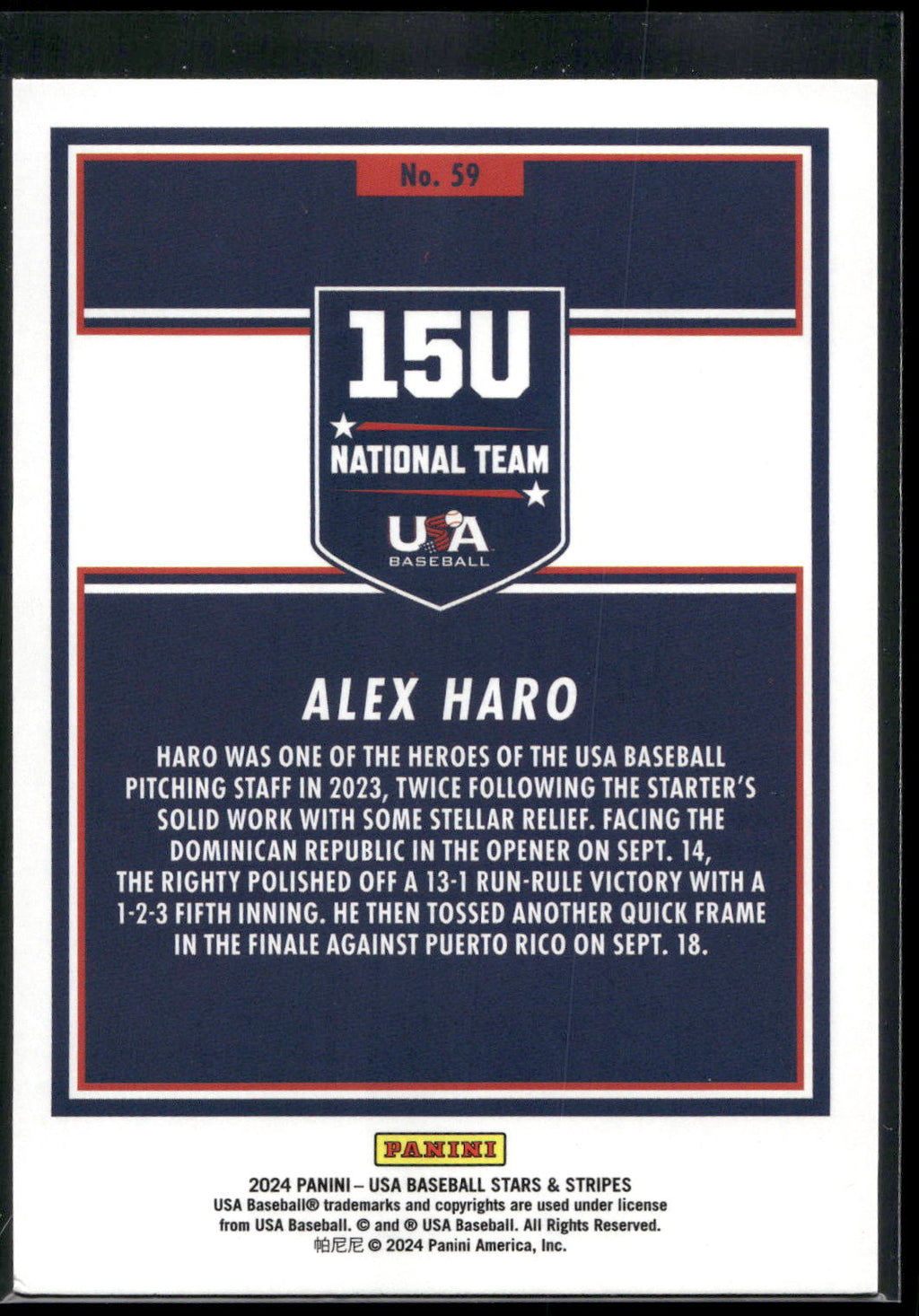 2024 Panini Stars & Stripes USA Baseball #59 Alex Haro