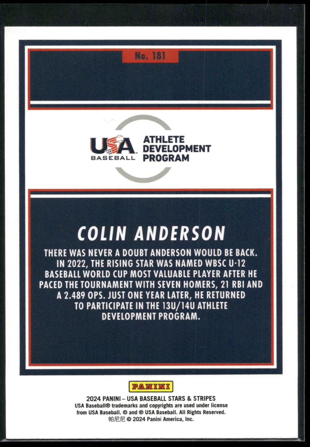 2024 Panini Stars & Stripes USA Baseball #181 Colin Anderson