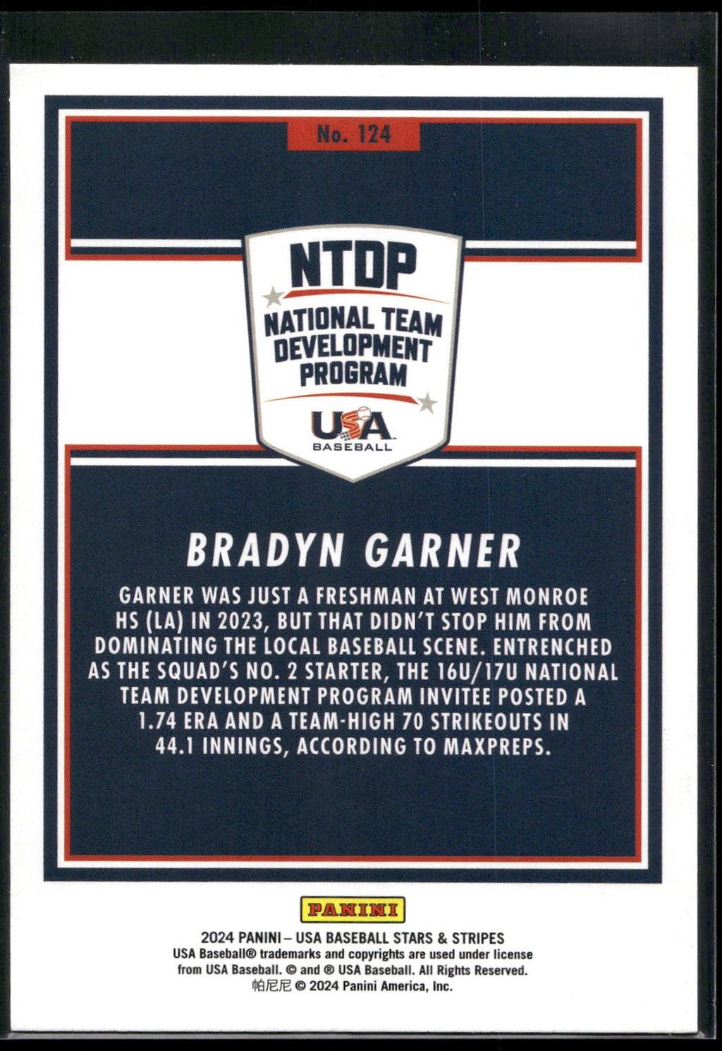 2024 Panini Stars & Stripes USA Baseball #124 Bradyn Garner