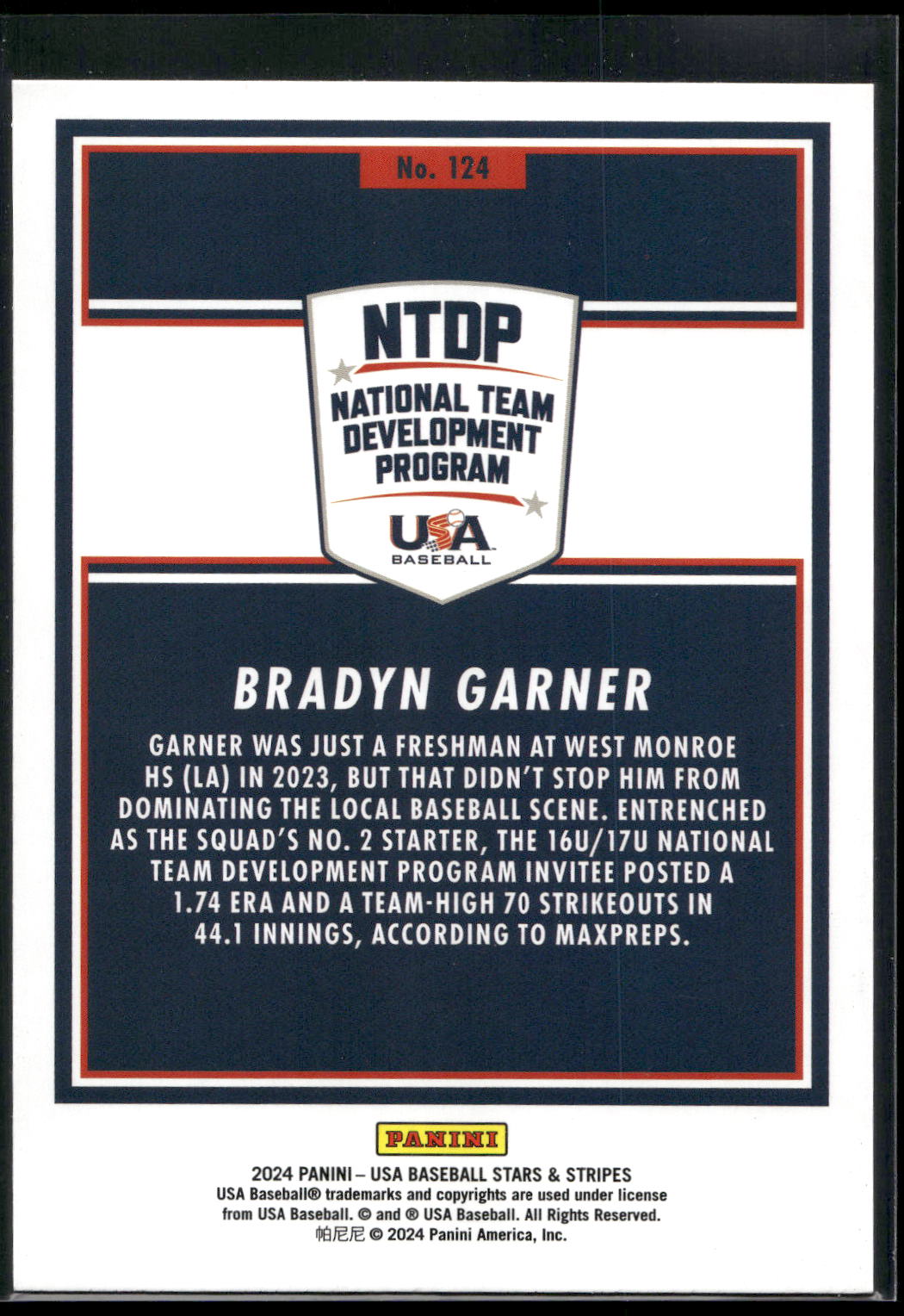 2024 Panini Stars & Stripes USA Baseball #124 Bradyn Garner