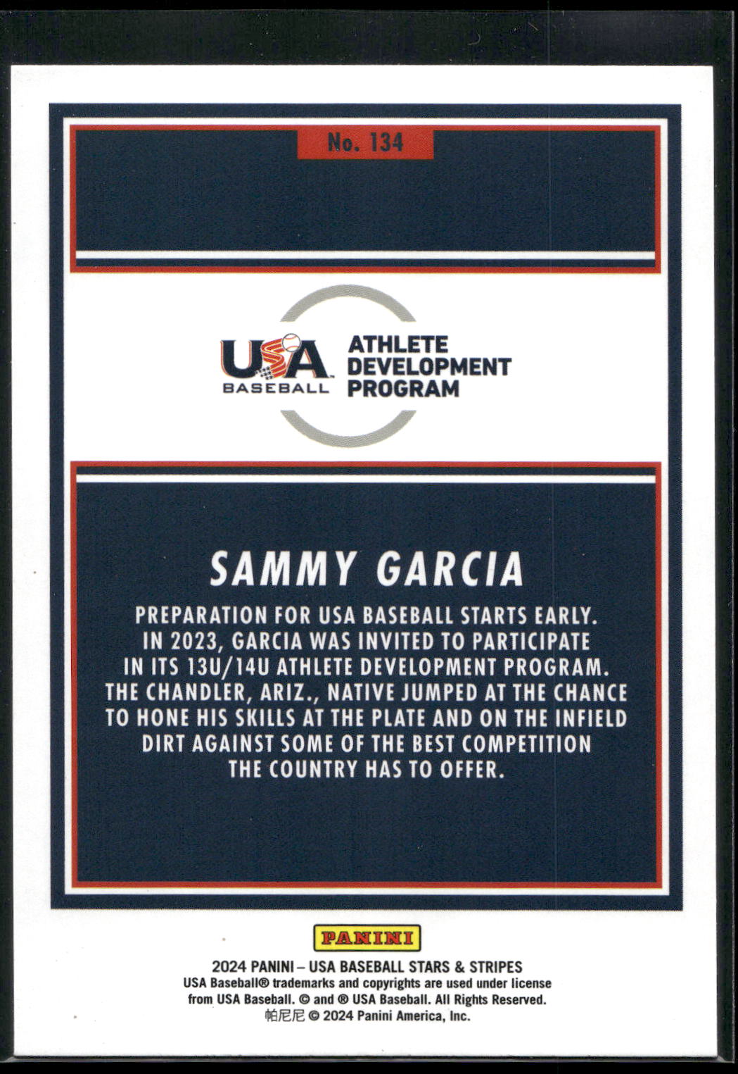 2024 Panini Stars & Stripes USA Baseball #134 Sammy Garcia