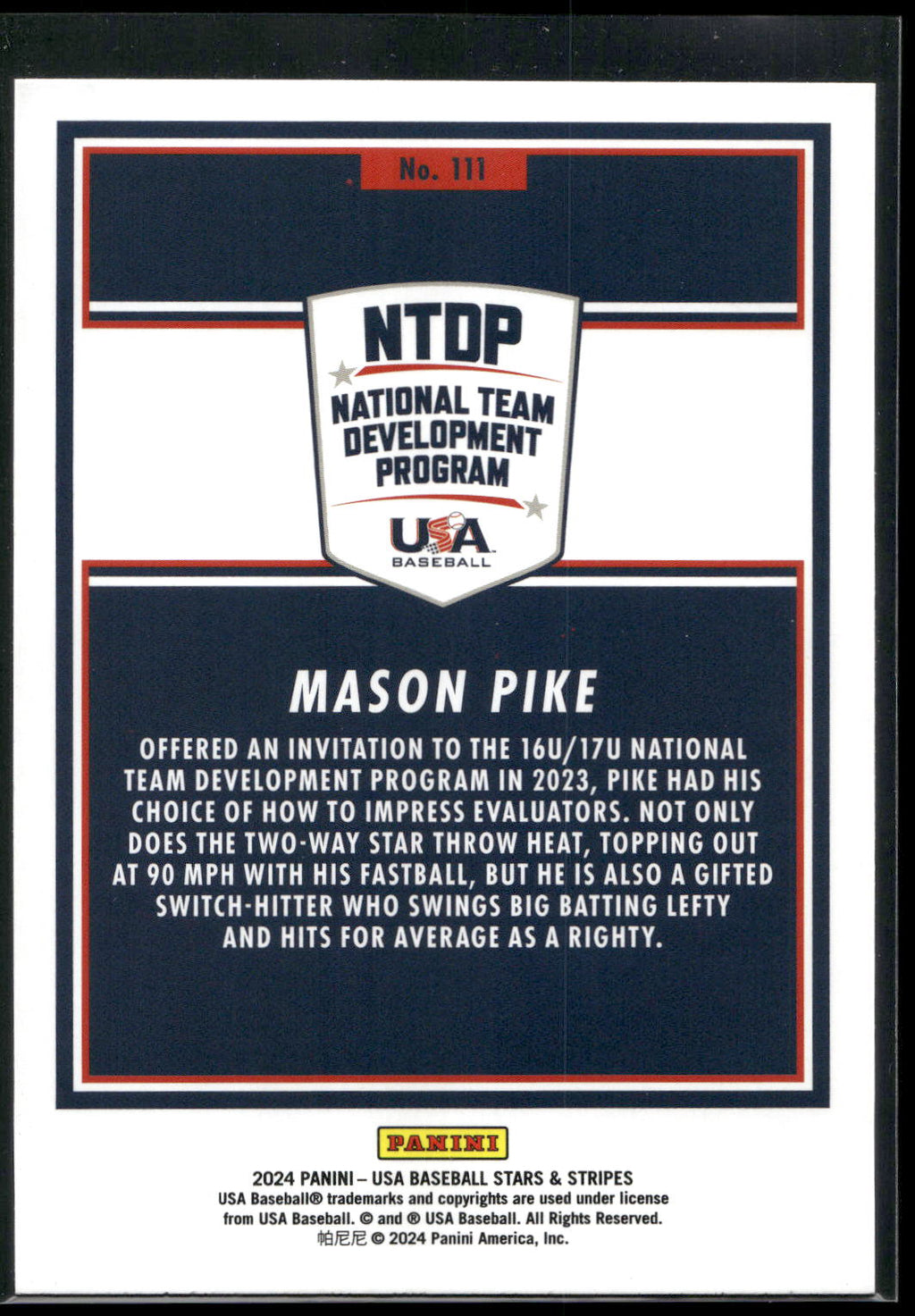 2024 Panini Stars & Stripes USA Baseball #111 Mason Pike