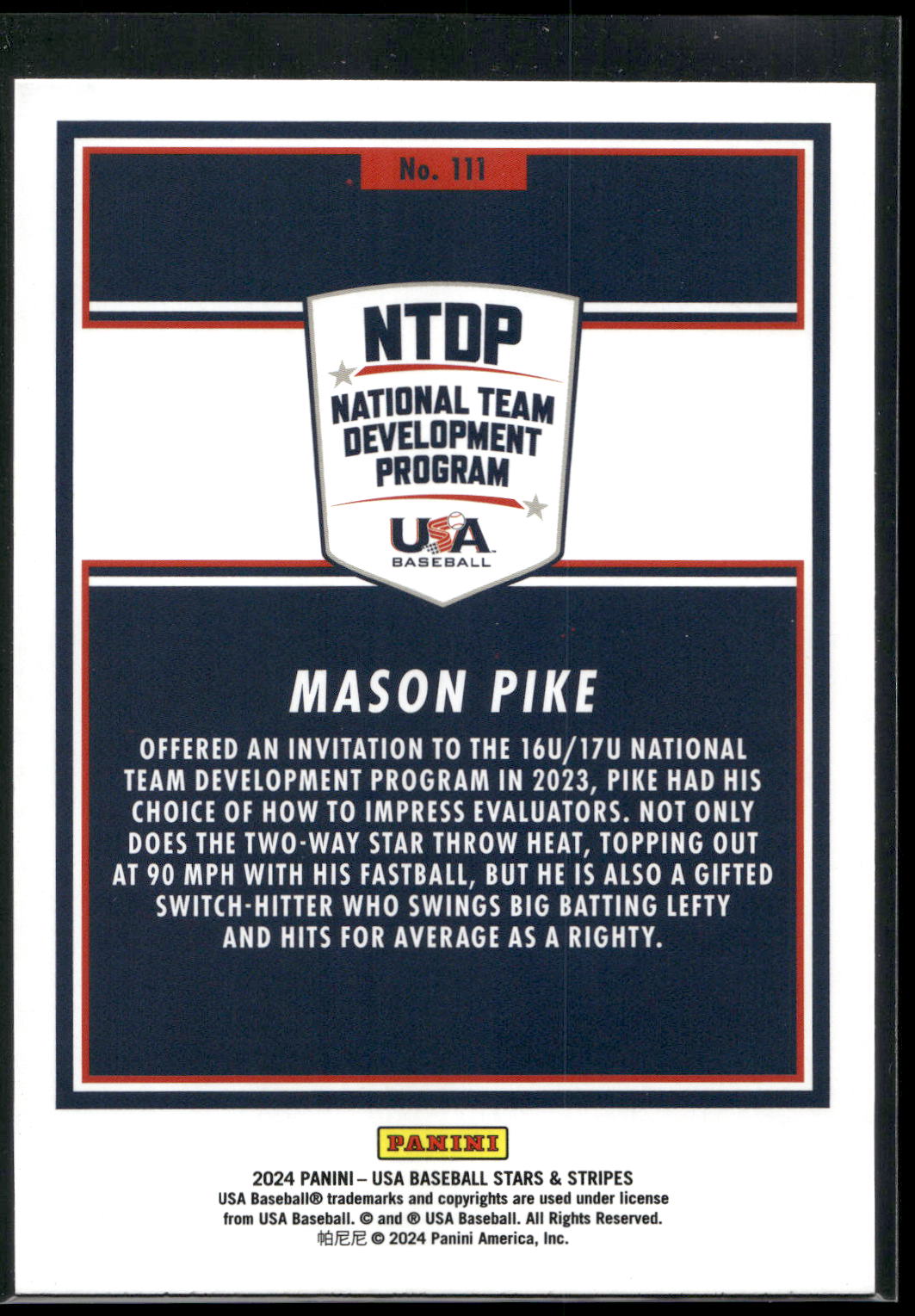 2024 Panini Stars & Stripes USA Baseball #111 Mason Pike