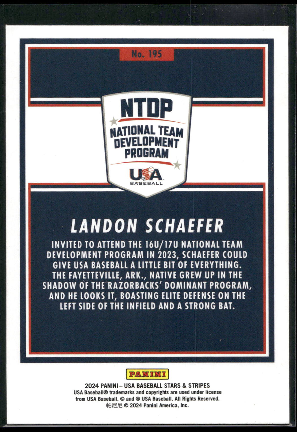 2024 Panini Stars & Stripes USA Baseball #195 Landon Schaefer