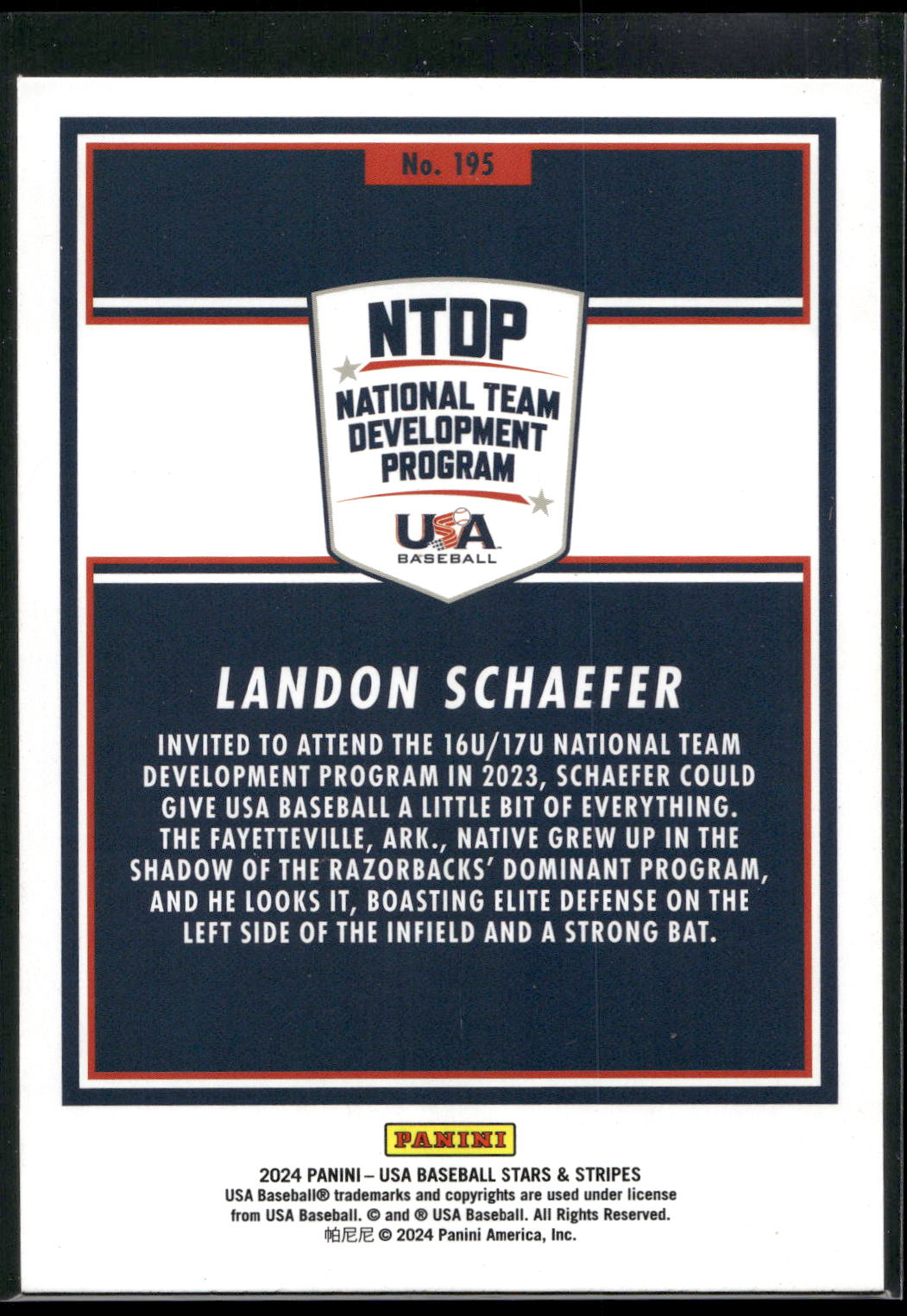 2024 Panini Stars & Stripes USA Baseball #195 Landon Schaefer