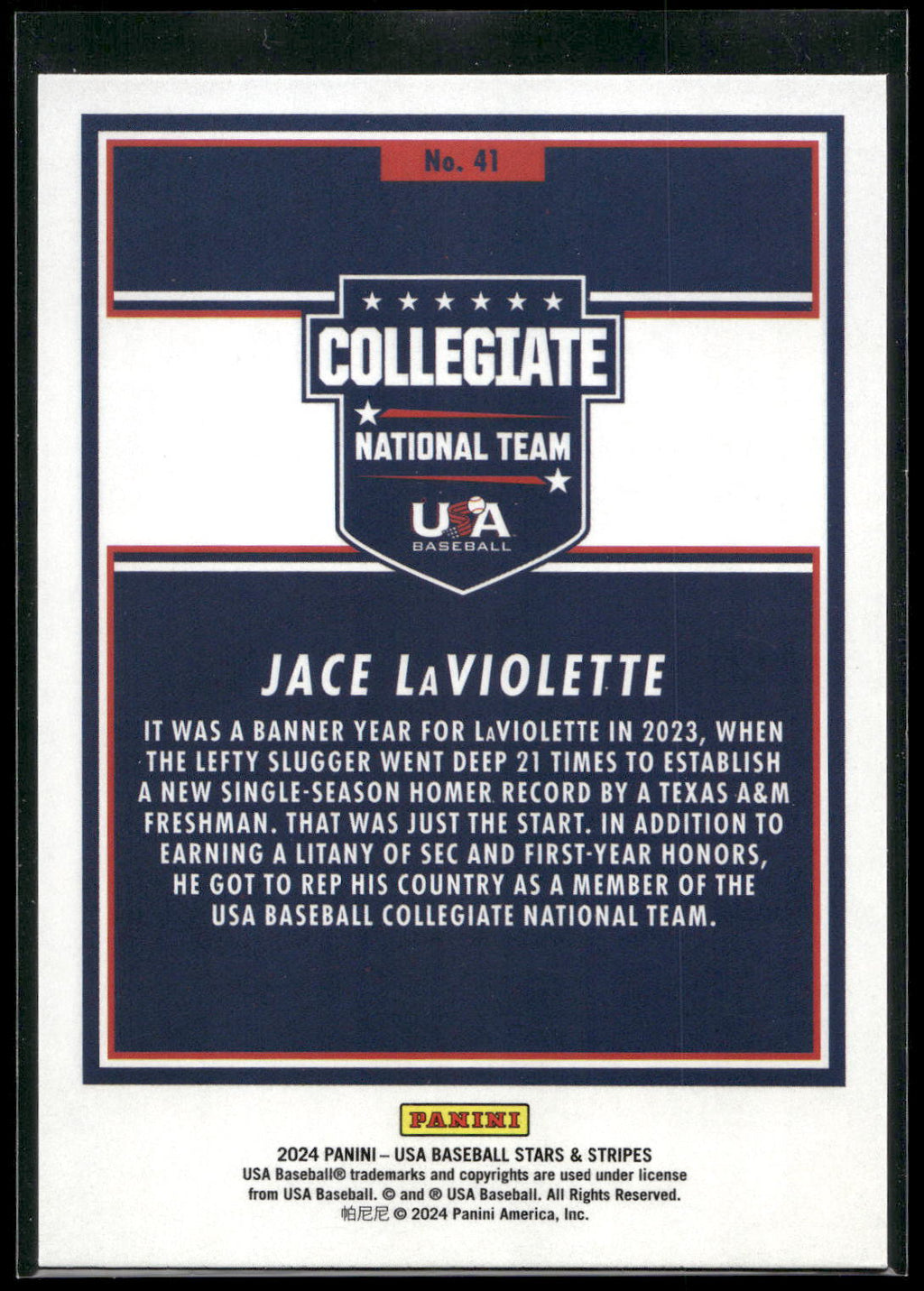 2024 Panini Stars & Stripes USA Baseball #41 Jace LaViolette