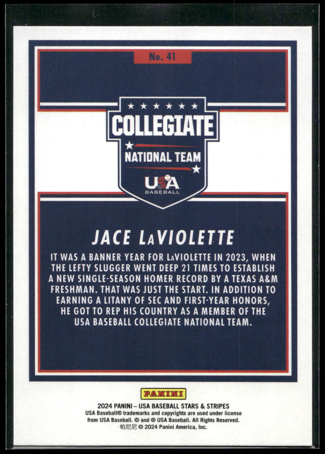 2024 Panini Stars & Stripes USA Baseball #41 Jace LaViolette