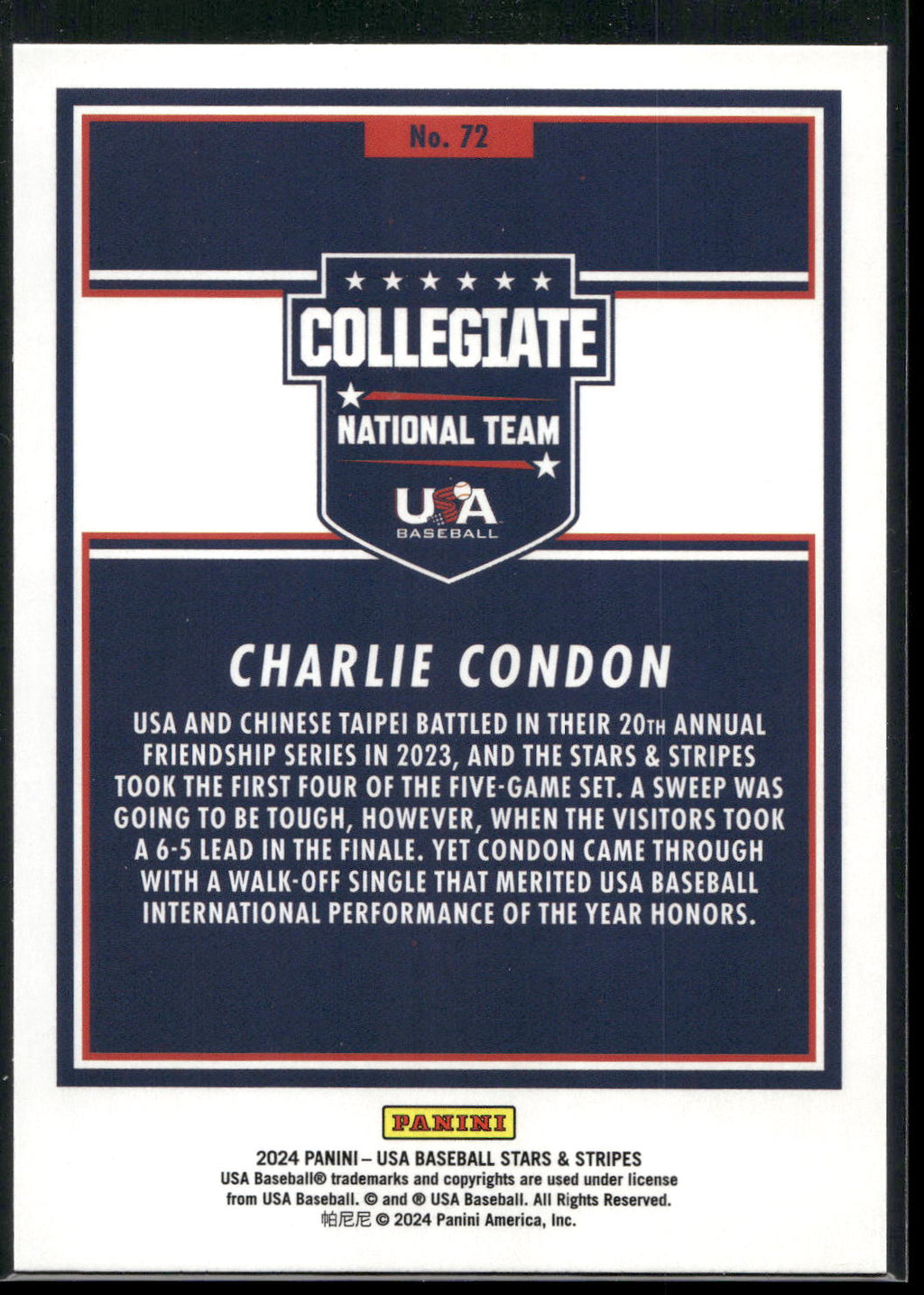 2024 Panini Stars & Stripes USA Baseball #72 Charlie Condon