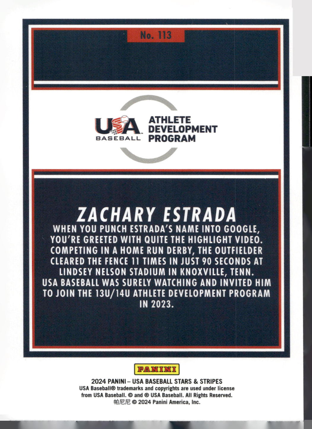 2024 Panini Stars & Stripes USA Baseball #113 Zachary Estrada