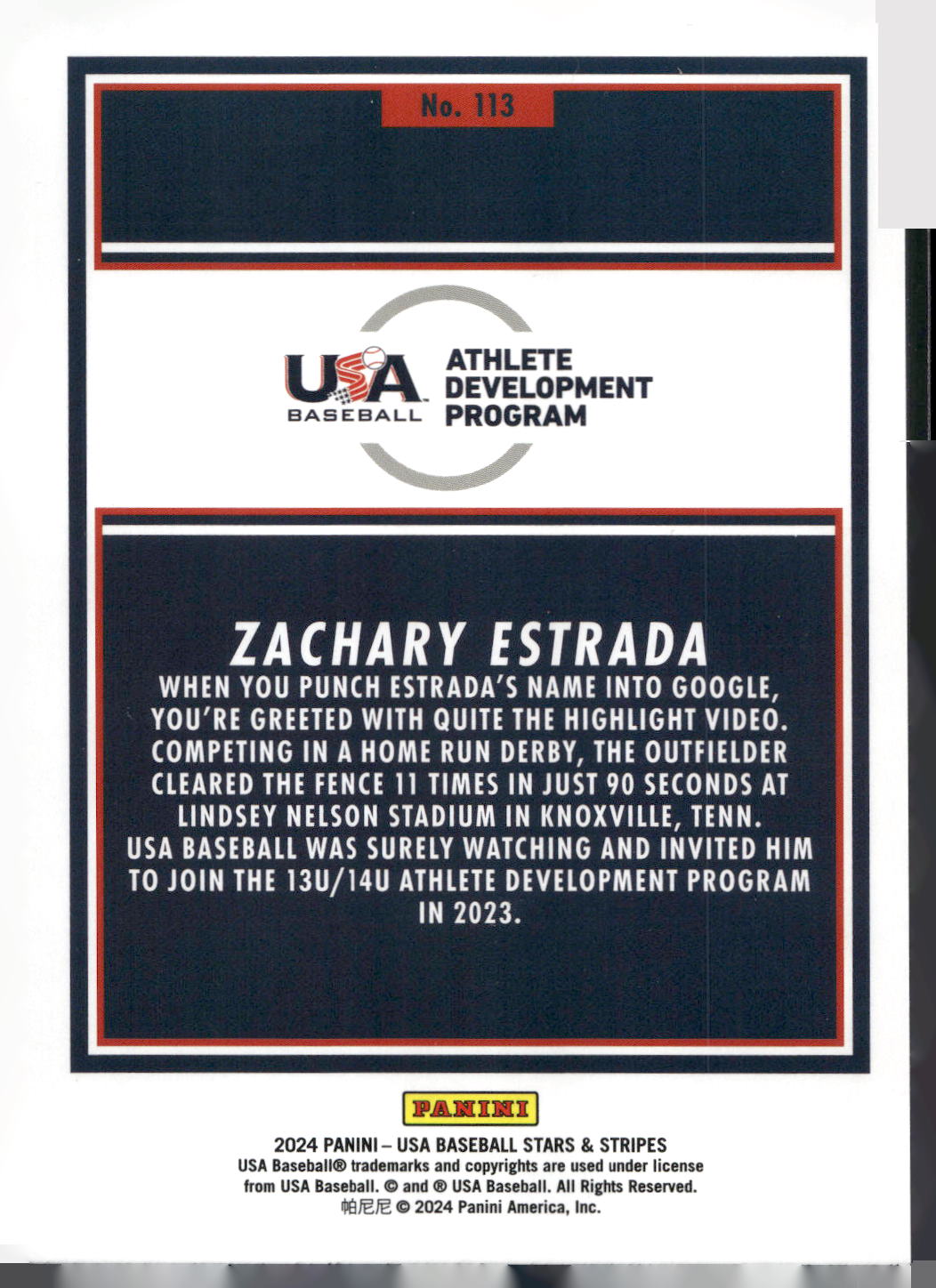 2024 Panini Stars & Stripes USA Baseball #113 Zachary Estrada