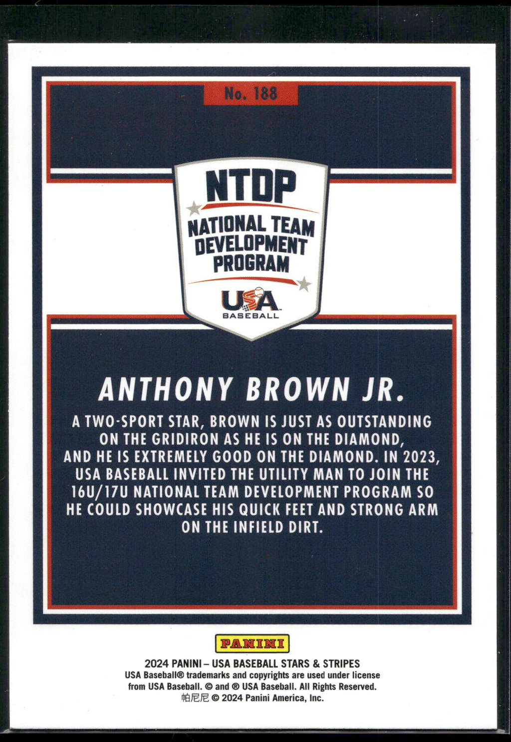 2024 Panini Stars & Stripes USA Baseball #188 Anthony Brown Jr. Opening Day