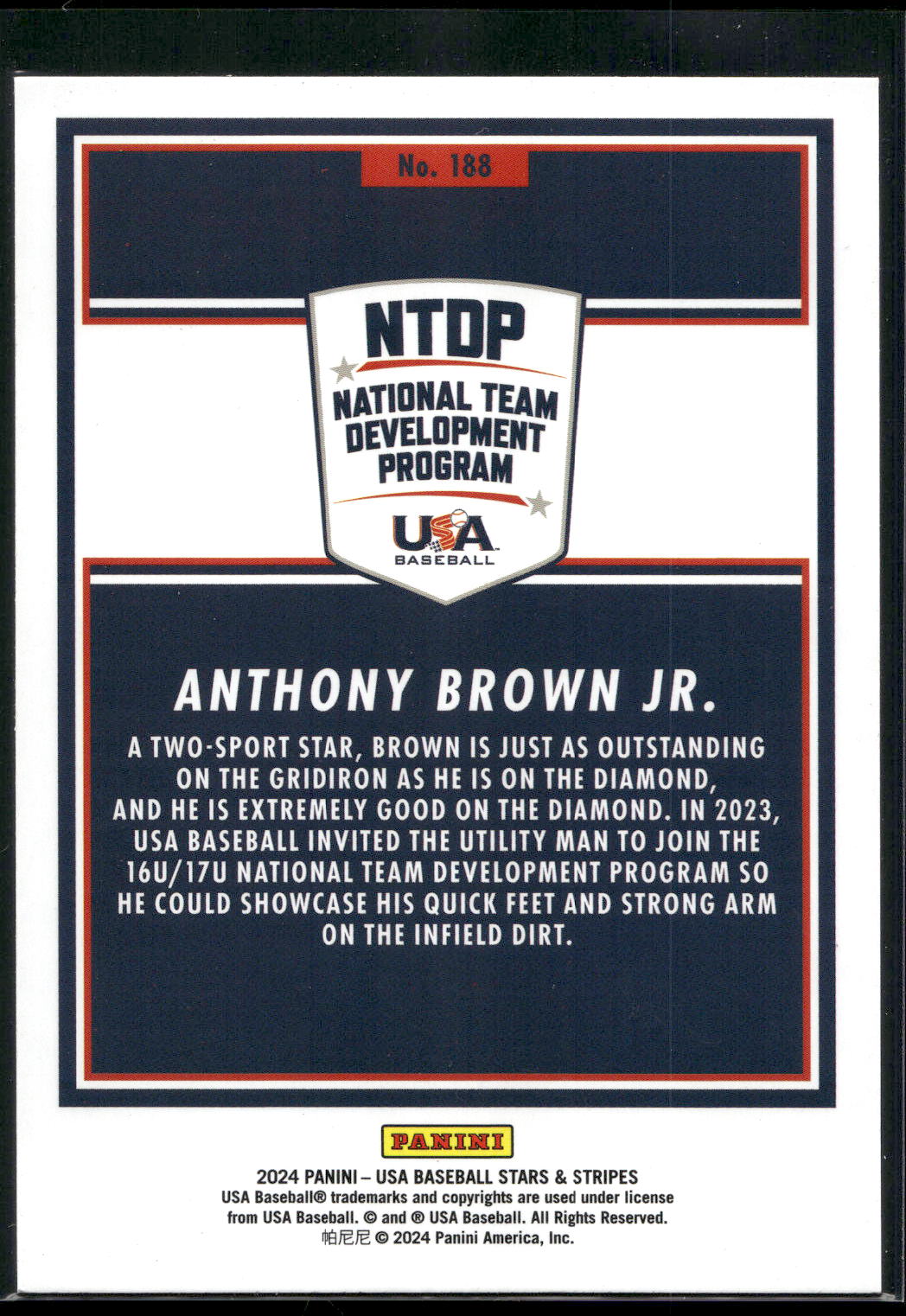 2024 Panini Stars & Stripes USA Baseball #188 Anthony Brown Jr. Opening Day