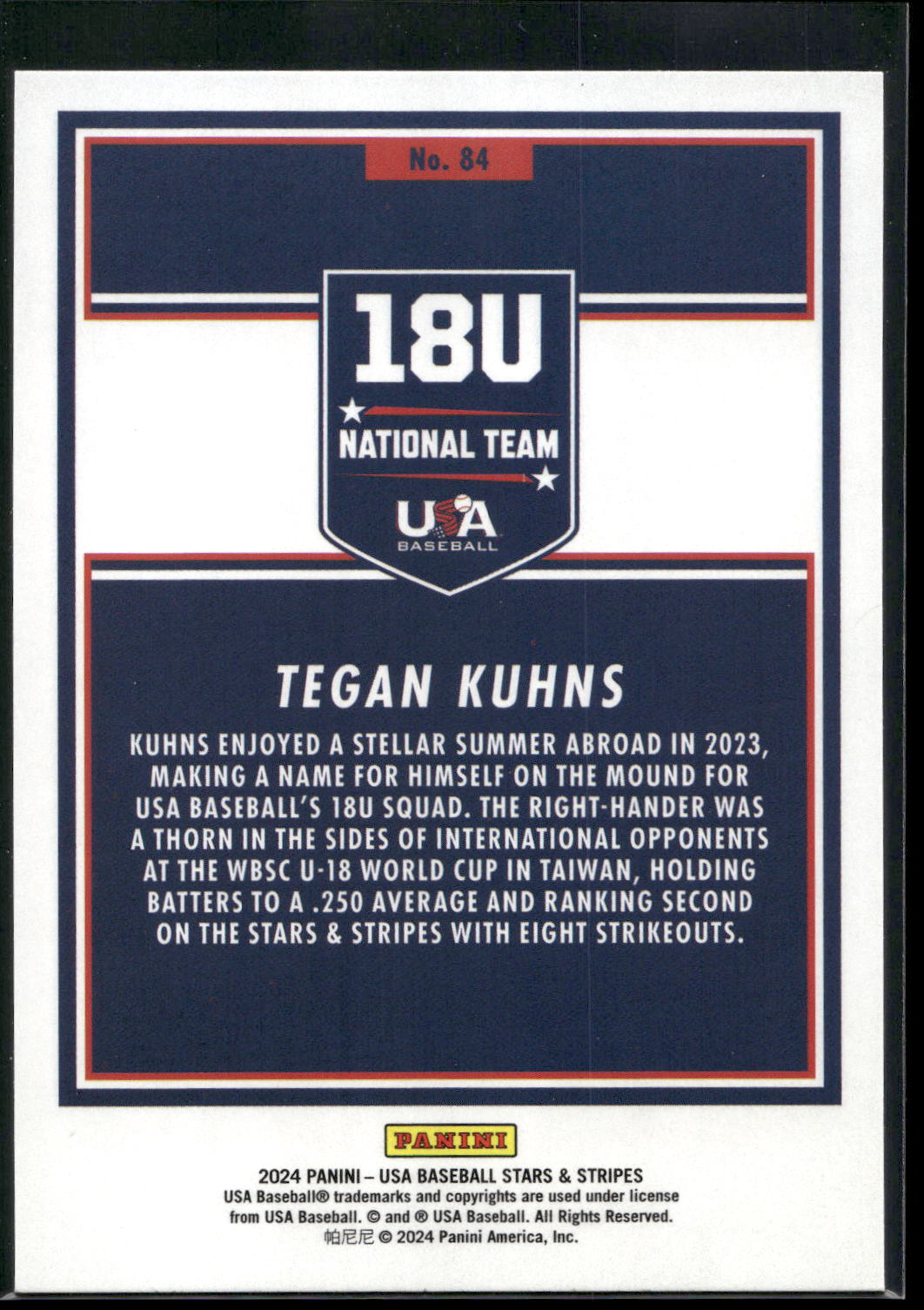 2024 Panini Stars & Stripes USA Baseball #84 Tegan Kuhns