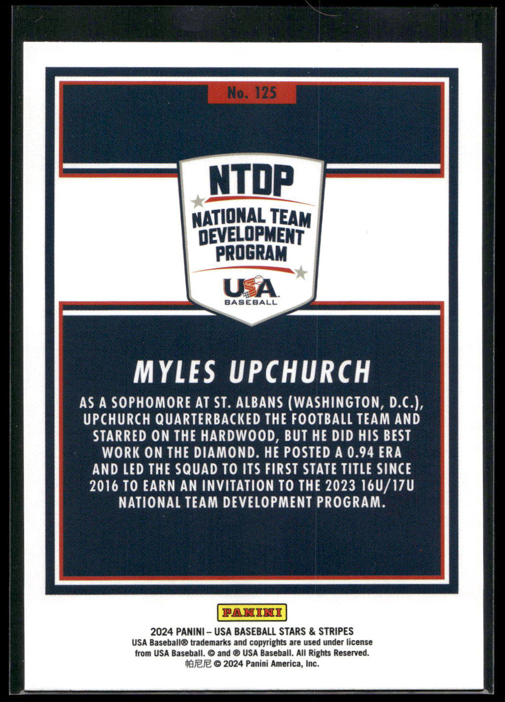 2024 Panini Stars & Stripes USA Baseball #125 Myles Upchurch