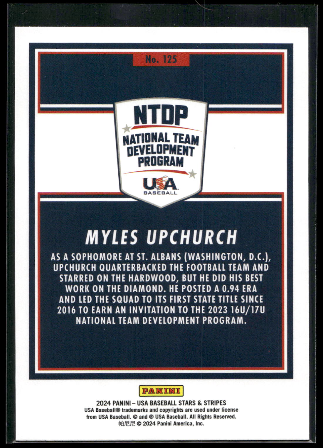 2024 Panini Stars & Stripes USA Baseball #125 Myles Upchurch