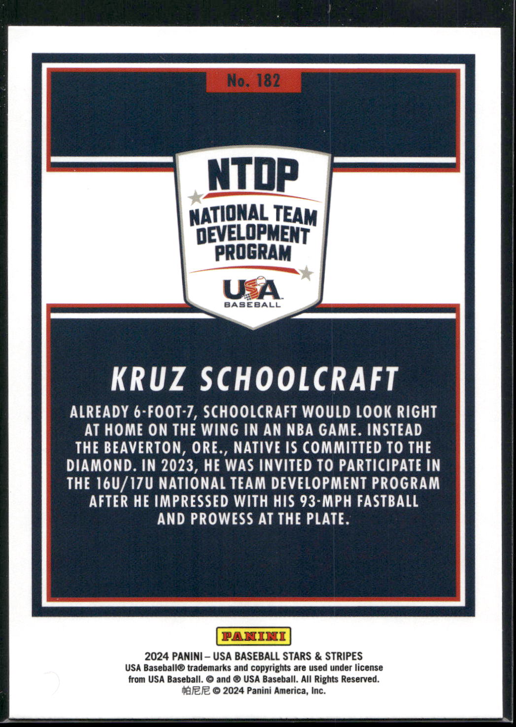 2024 Panini Stars & Stripes USA Baseball #182 Kruz Schoolcraft
