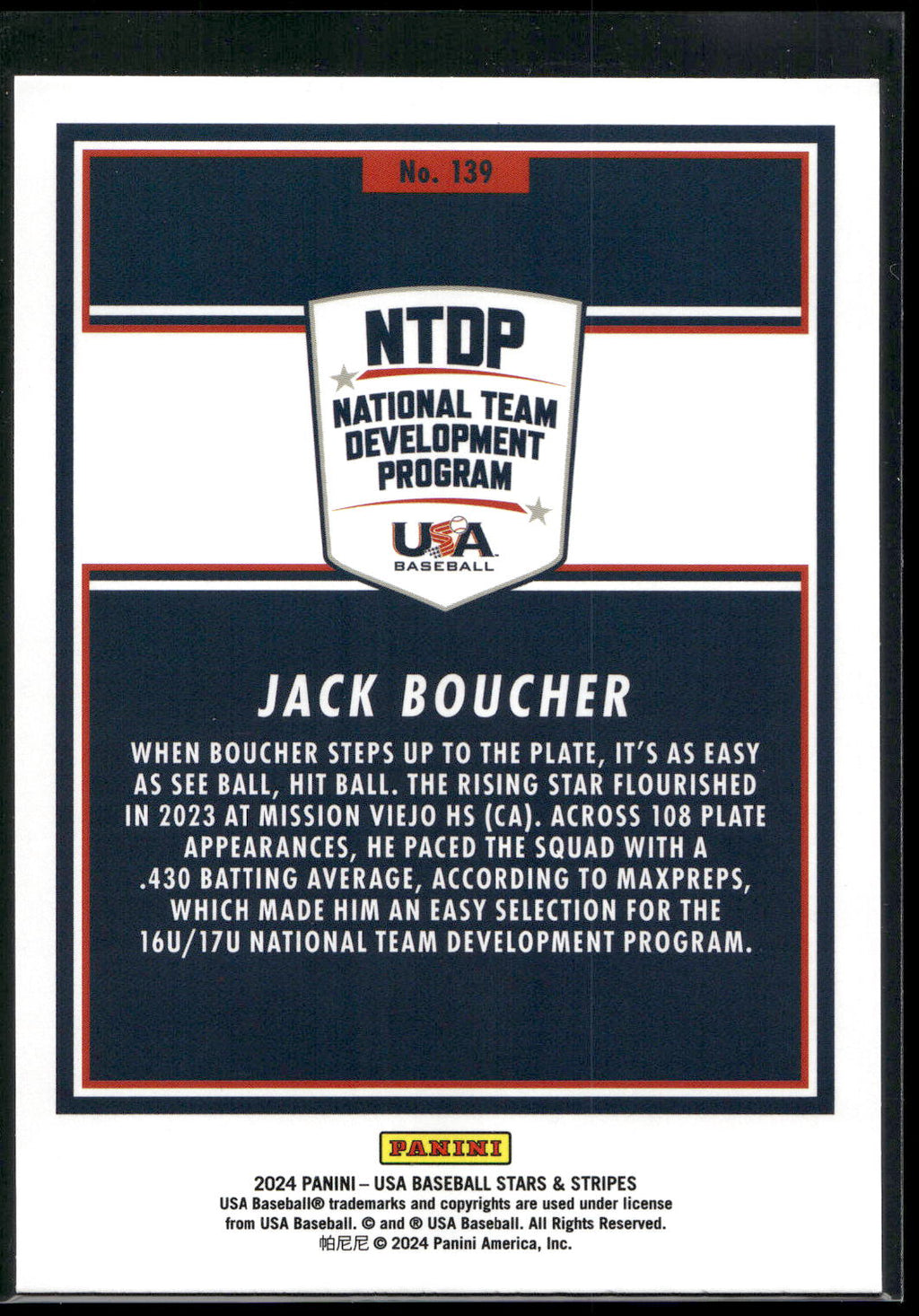 2024 Panini Stars & Stripes USA Baseball #139 Jack Boucher