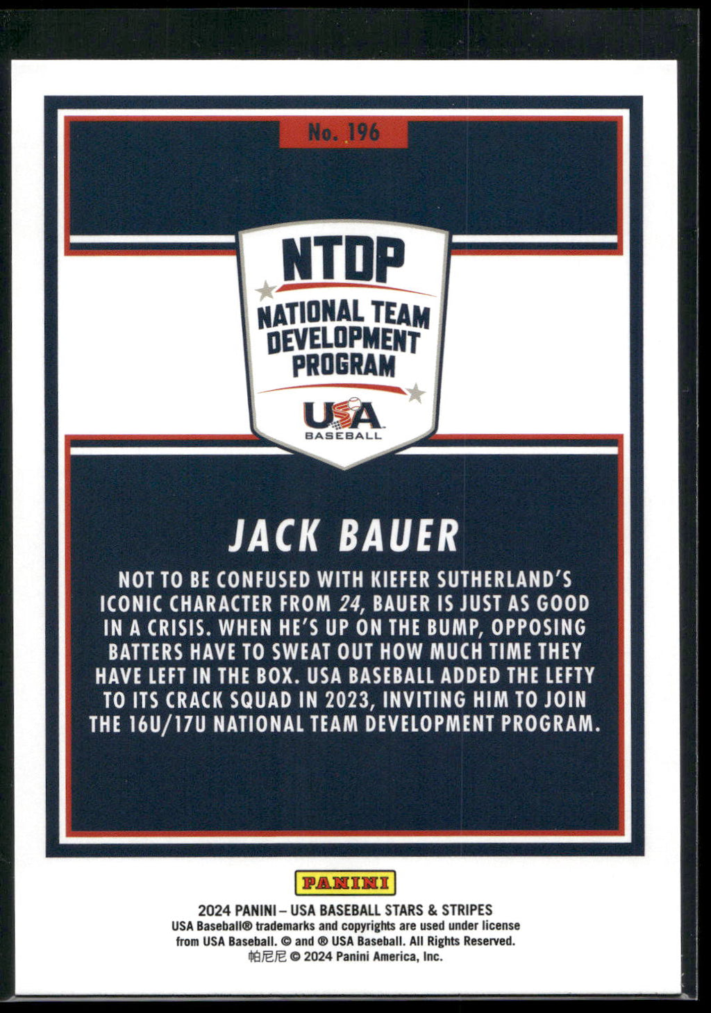 2024 Panini Stars & Stripes USA Baseball #196 Jack Bauer
