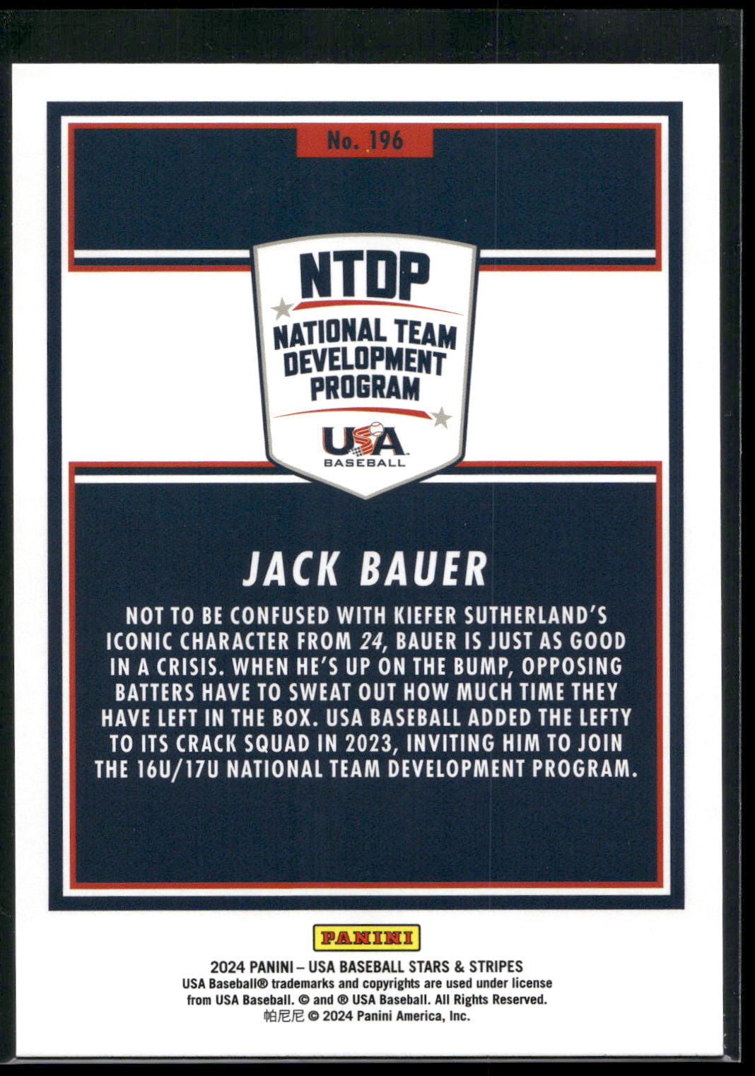 2024 Panini Stars & Stripes USA Baseball #196 Jack Bauer