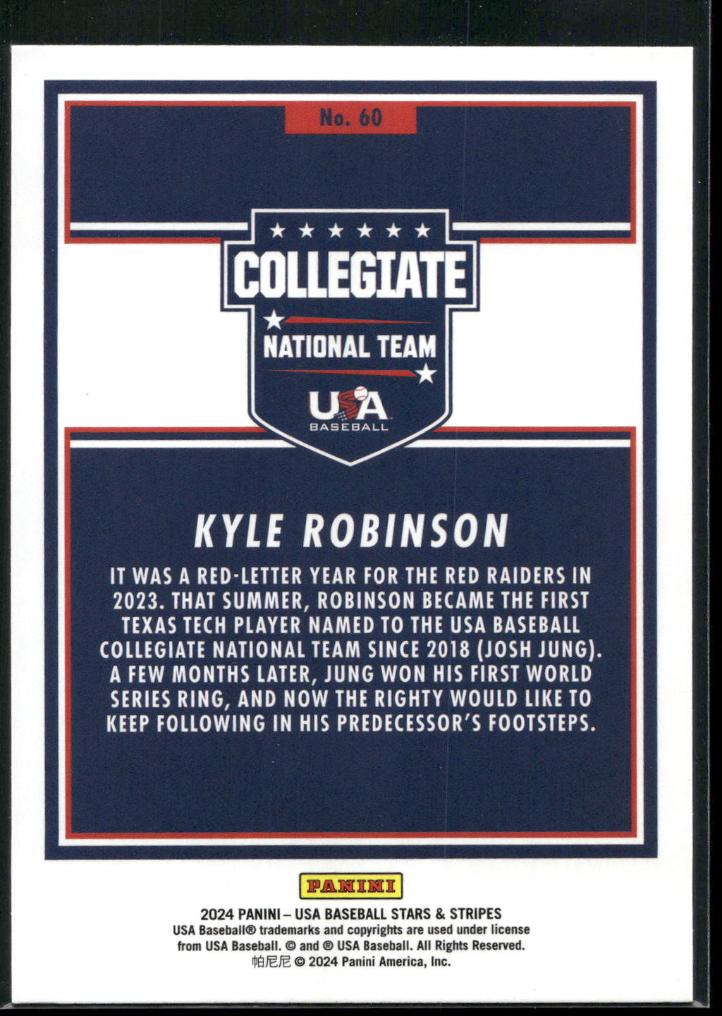 2024 Panini Stars & Stripes USA Baseball #60 Kyle Robinson