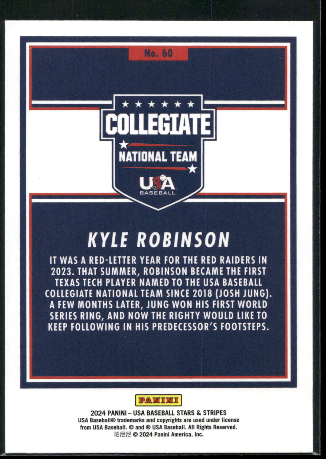 2024 Panini Stars & Stripes USA Baseball #60 Kyle Robinson