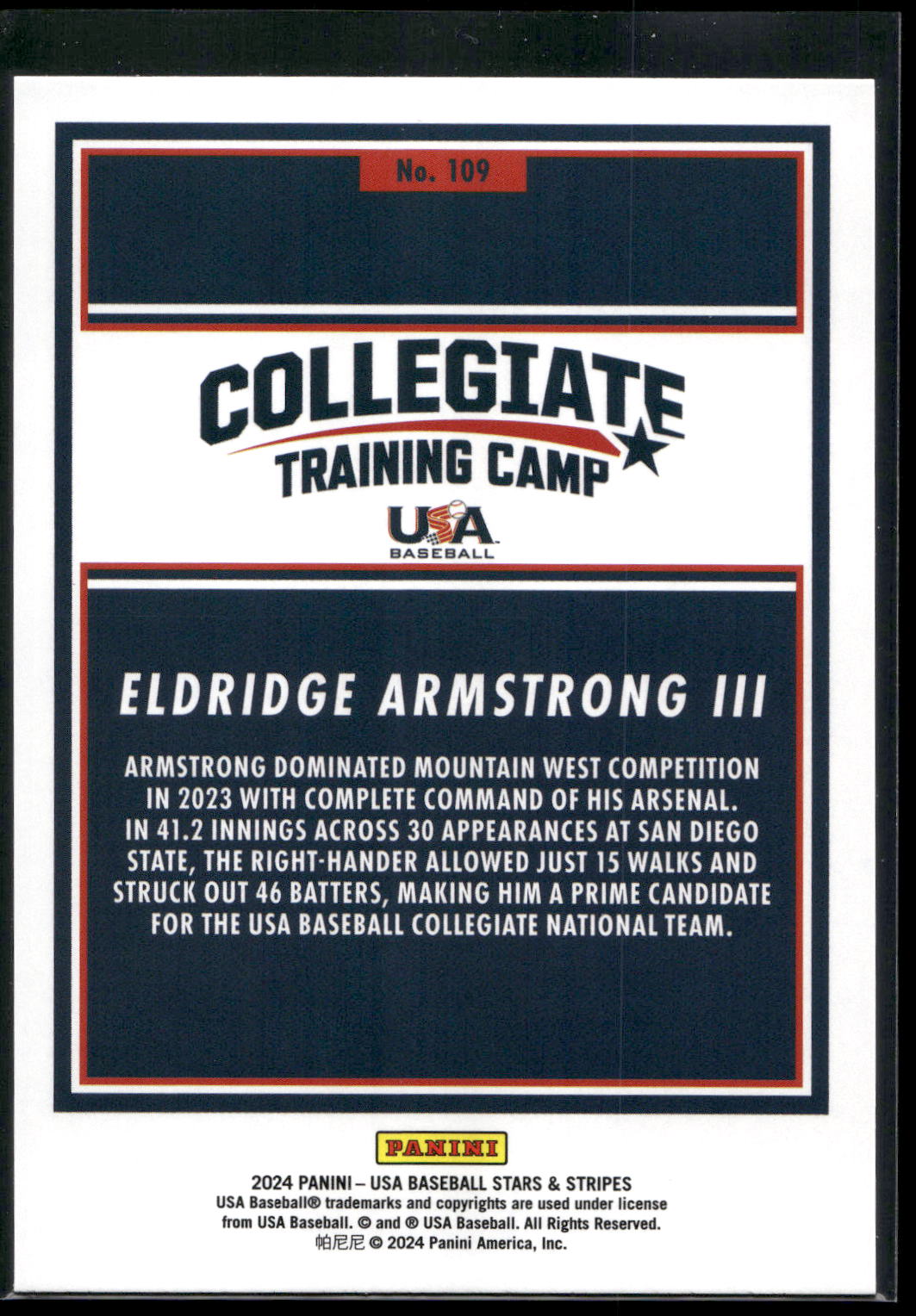 2024 Panini Stars & Stripes USA Baseball #109 Eldridge Armstrong III