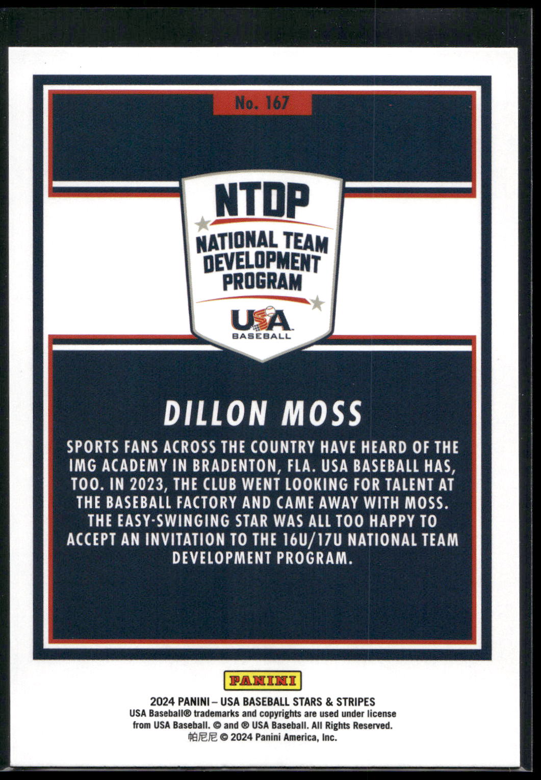 2024 Panini Stars & Stripes USA Baseball #167 Dillon Moss