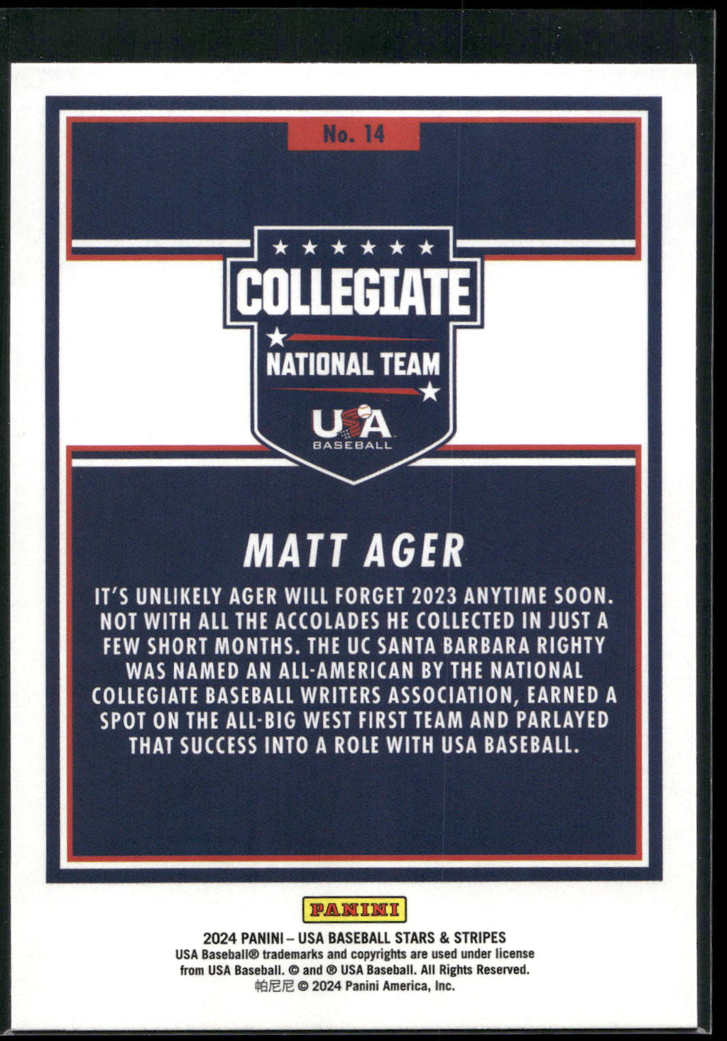 2024 Panini Stars & Stripes USA Baseball #14 Matt Ager