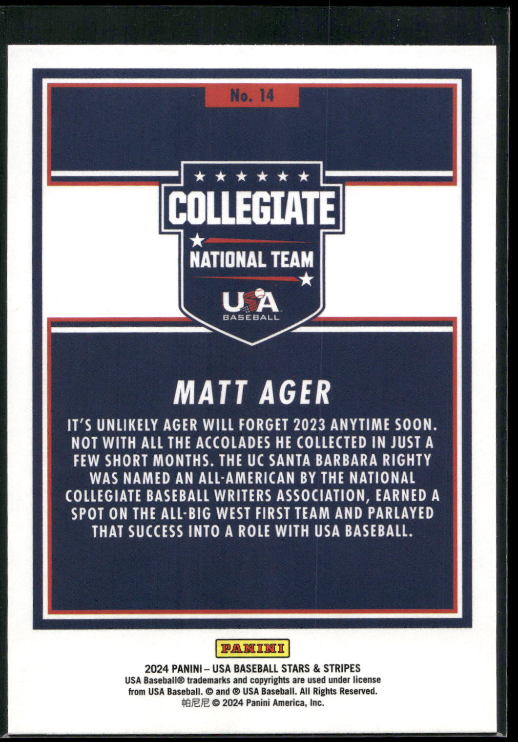 2024 Panini Stars & Stripes USA Baseball #14 Matt Ager