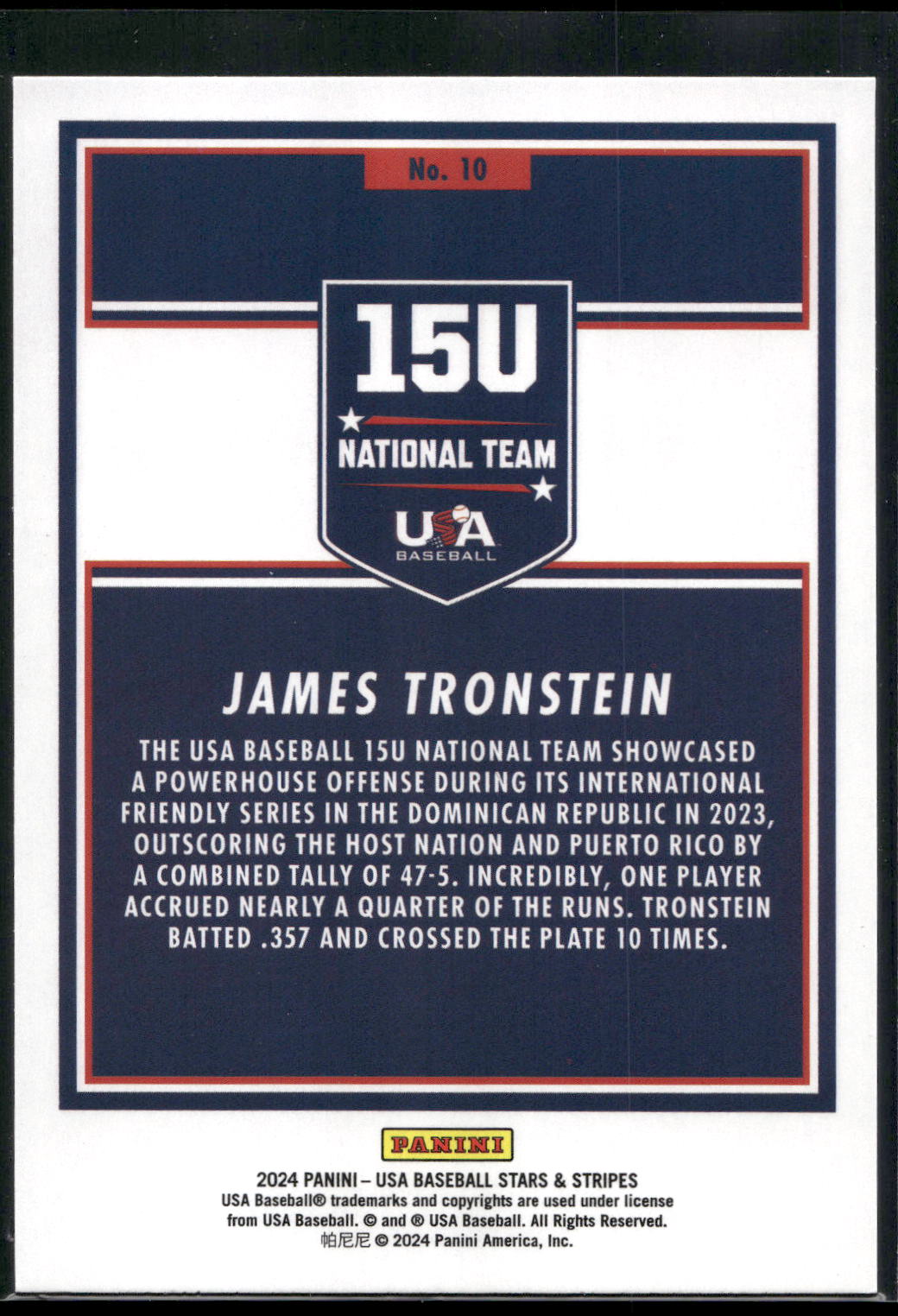 2024 Panini Stars & Stripes USA Baseball #10 James Tronstein