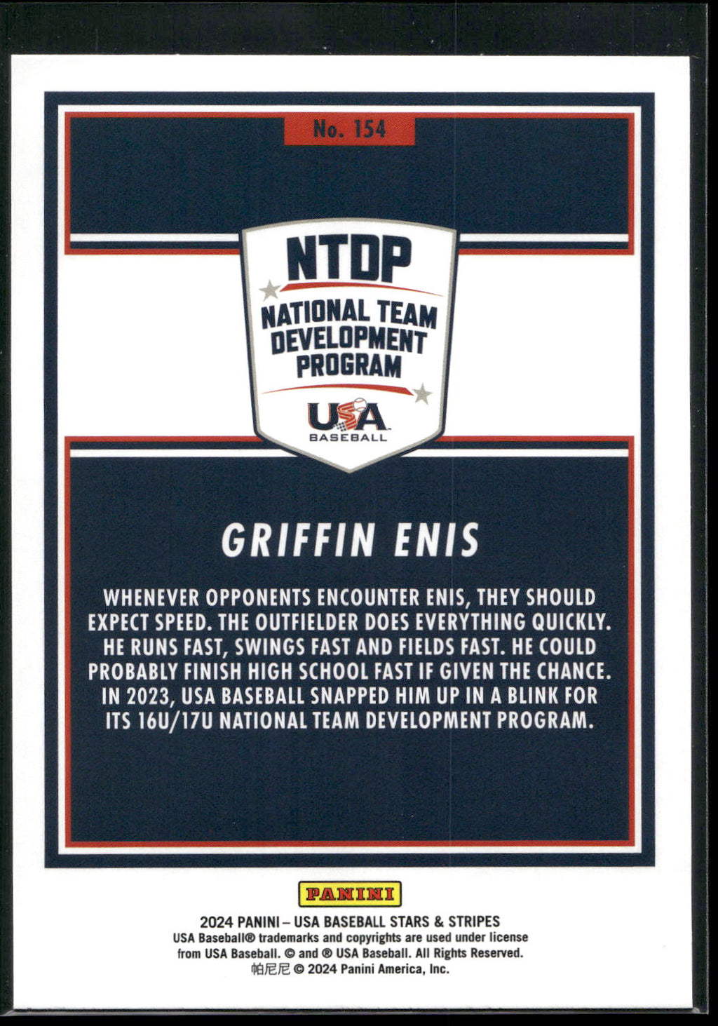 2024 Panini Stars & Stripes USA Baseball #154 Griffin Enis