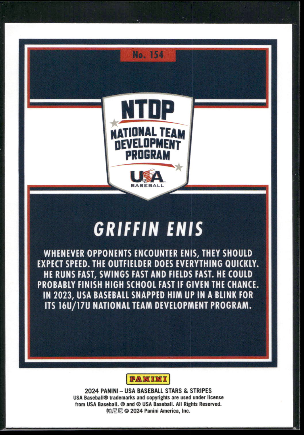 2024 Panini Stars & Stripes USA Baseball #154 Griffin Enis