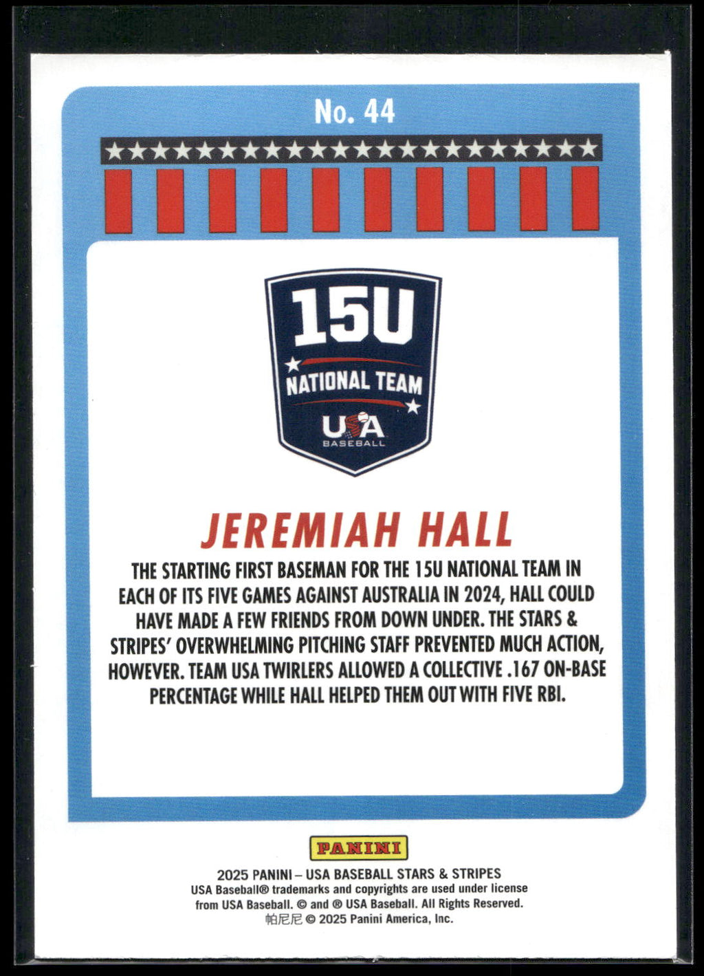 2025 Panini Stars & Stripes USA Baseball #44 Jeremiah Hall Opening Day