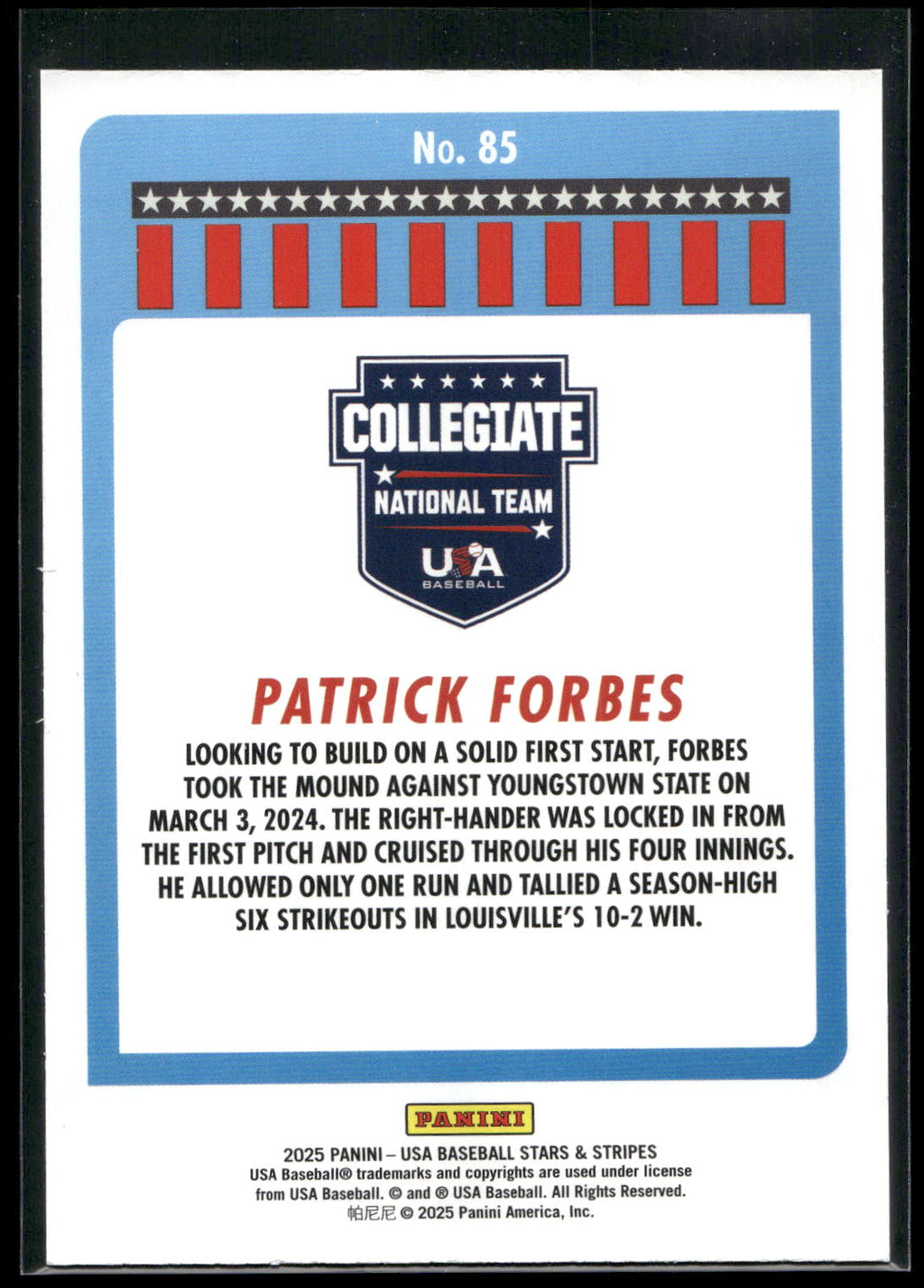 2025 Panini Stars & Stripes USA Baseball #85 Patrick Forbes Opening Day