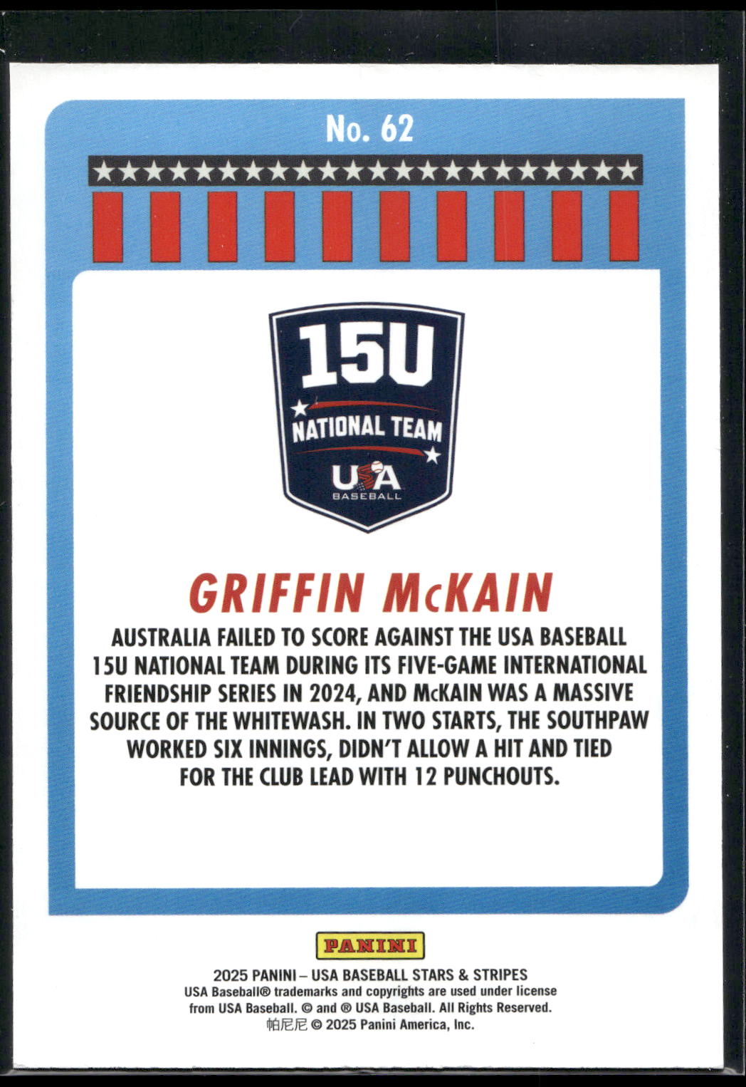 2025 Panini Stars & Stripes USA Baseball #62 Griffin McKain Opening Day