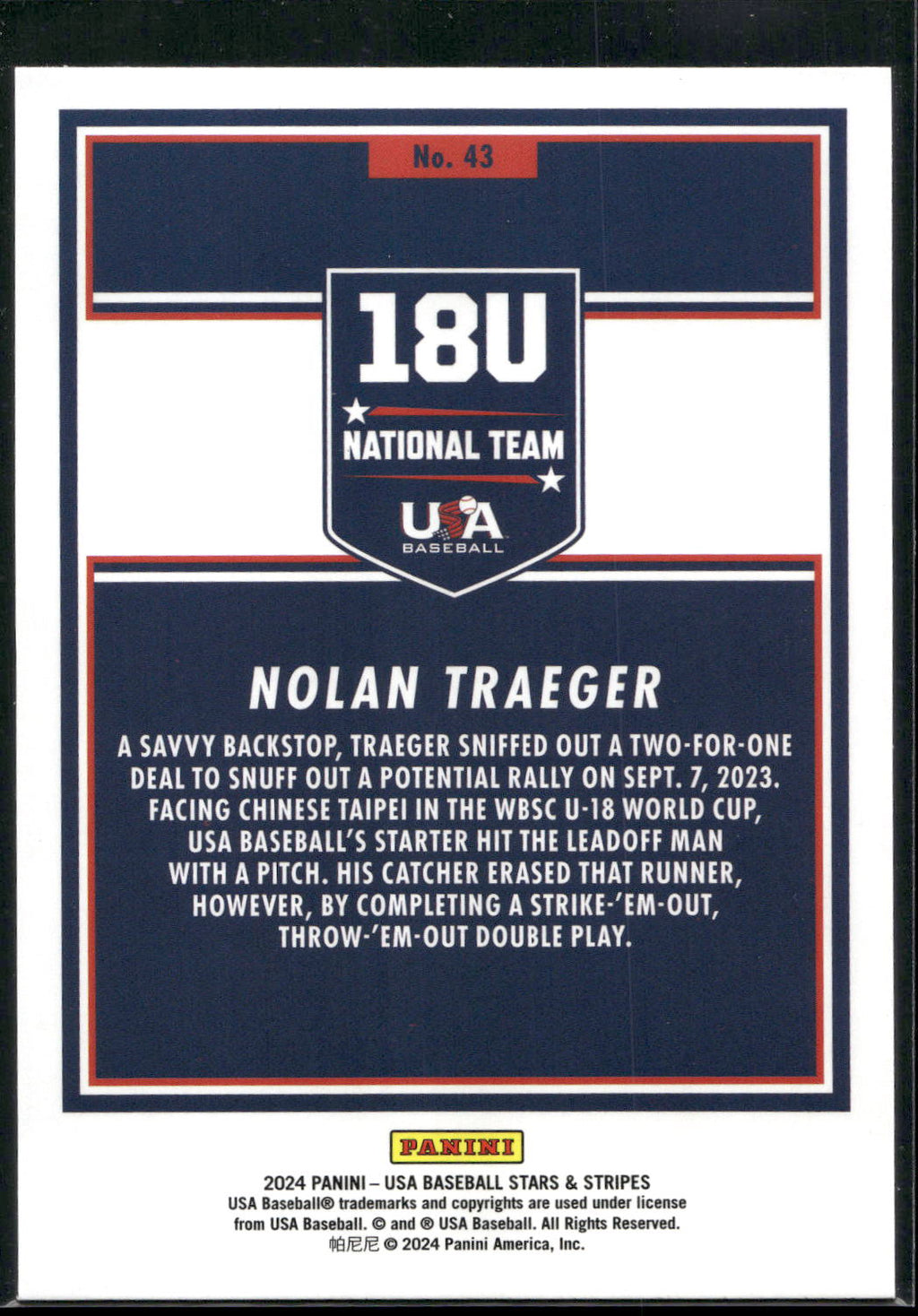 2024 Panini Stars & Stripes USA Baseball #43 Nolan Traeger Opening Day