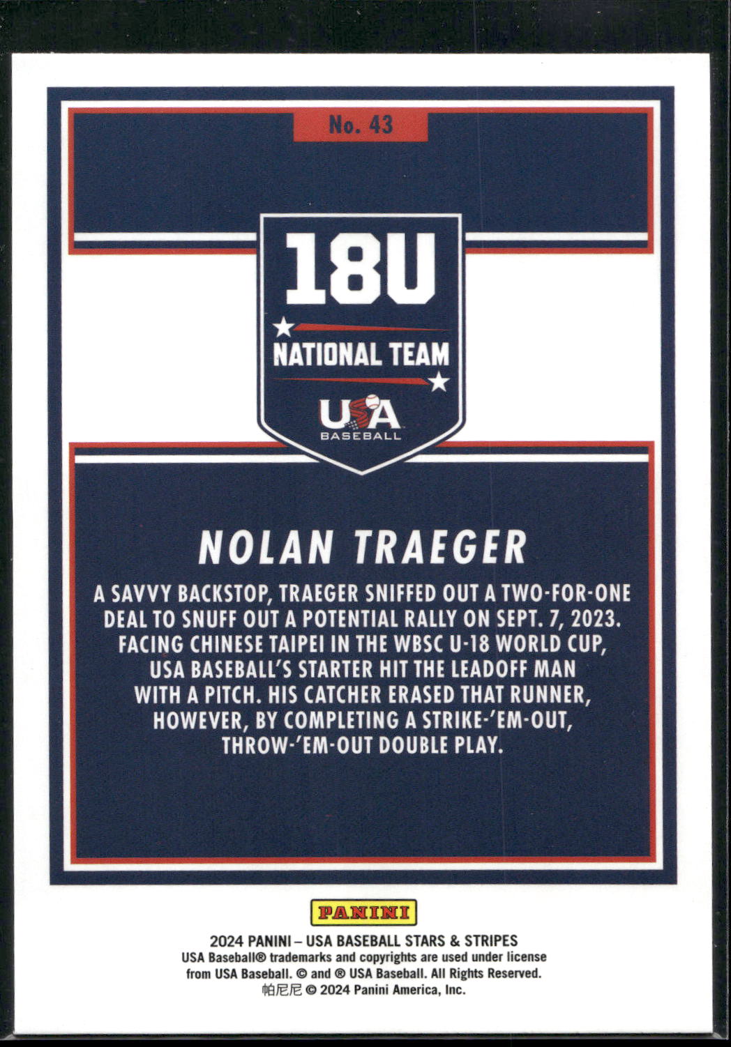 2024 Panini Stars & Stripes USA Baseball #43 Nolan Traeger Opening Day