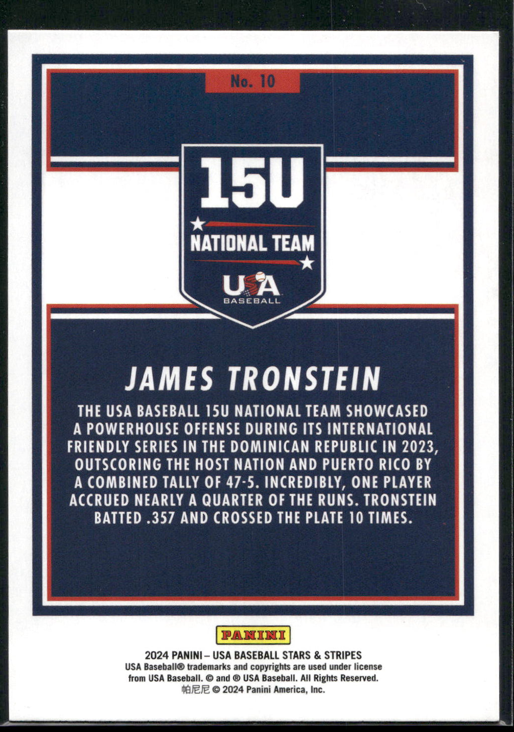 2024 Panini Stars & Stripes USA Baseball #10 James Tronstein Opening Day