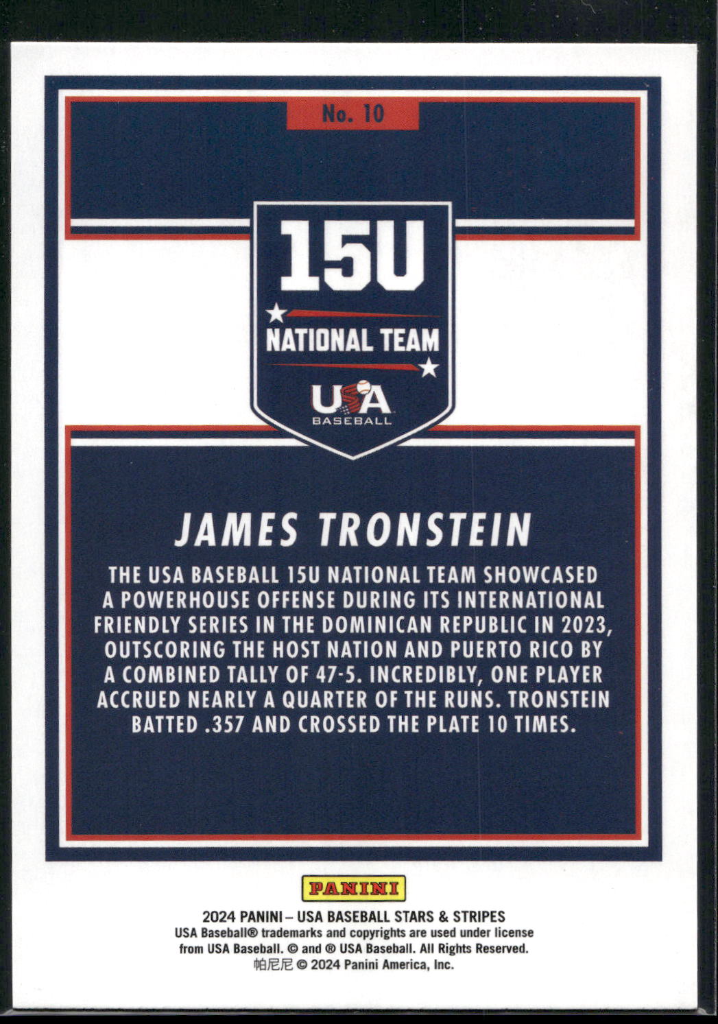 2024 Panini Stars & Stripes USA Baseball #10 James Tronstein Opening Day
