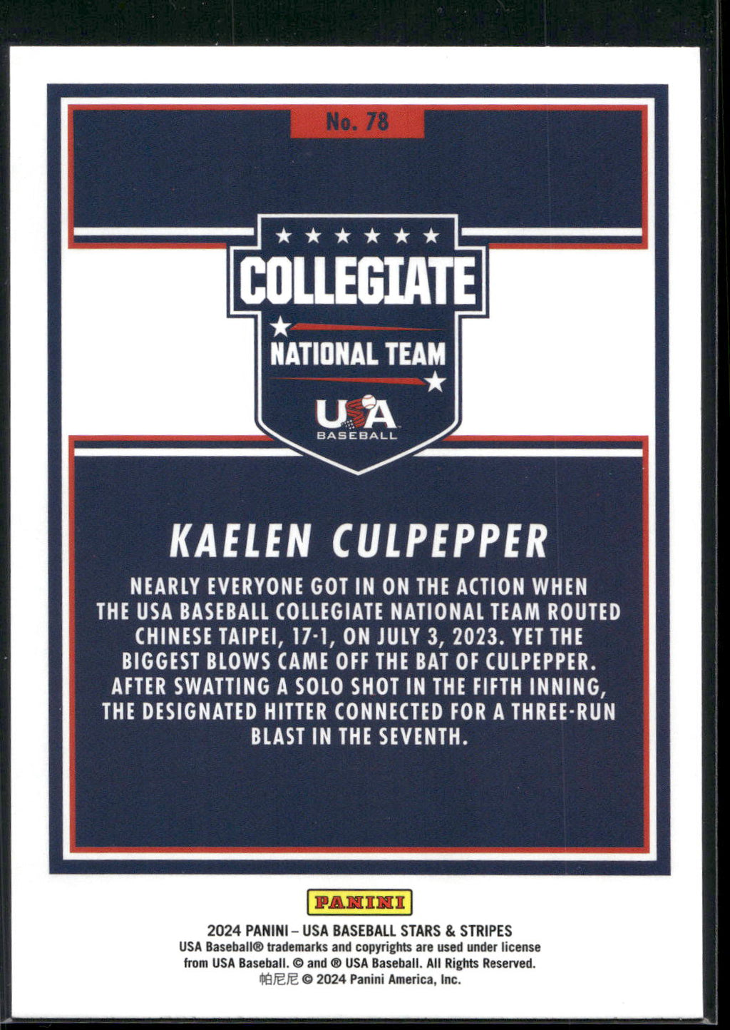 2024 Panini Stars & Stripes USA Baseball #78 Kaelen Culpepper Opening Day