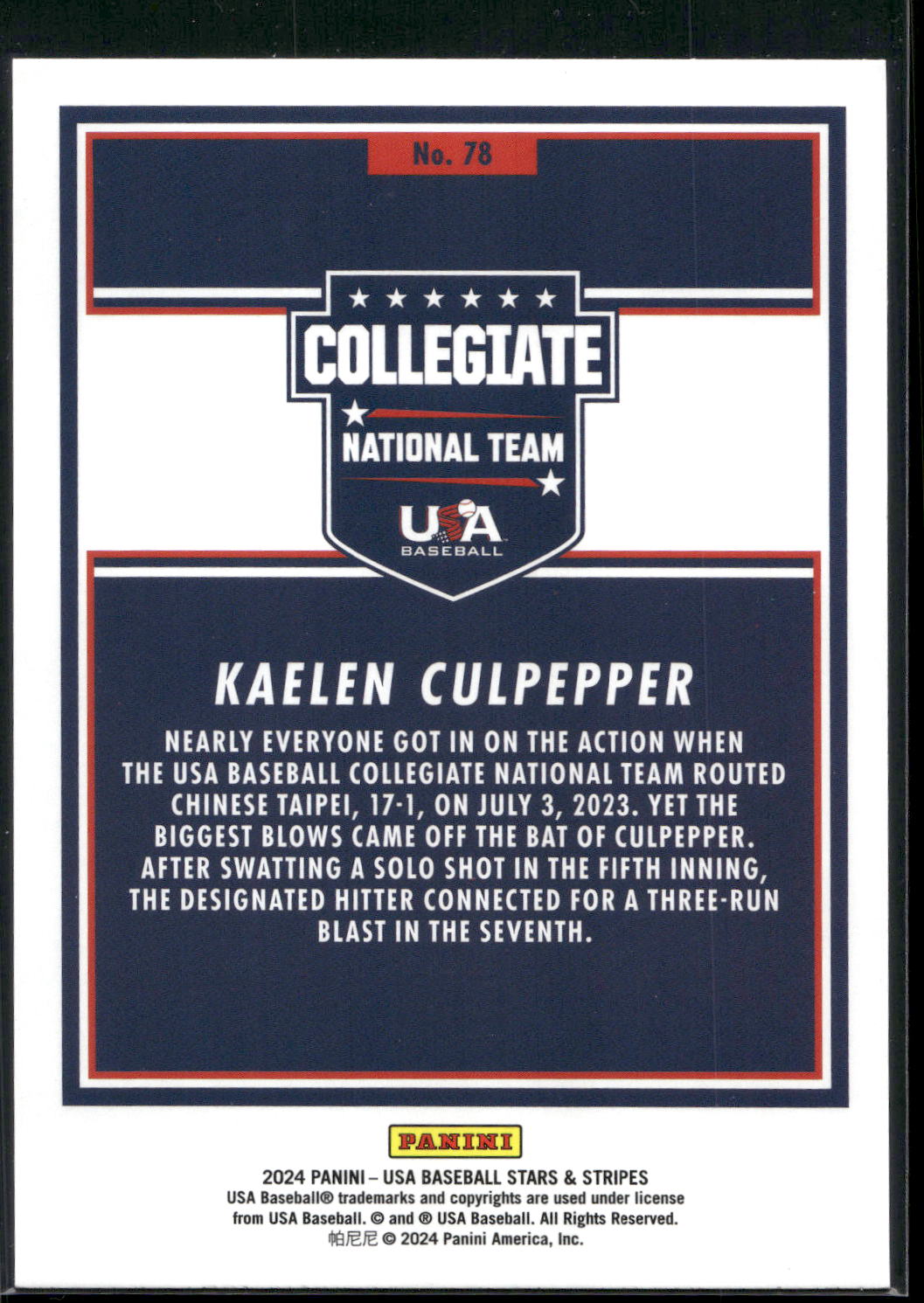 2024 Panini Stars & Stripes USA Baseball #78 Kaelen Culpepper Opening Day