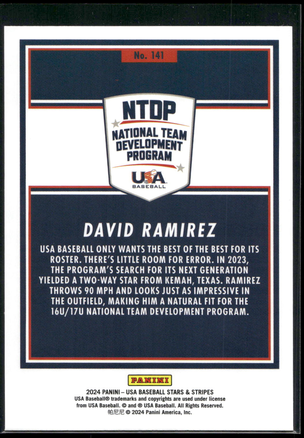 2024 Panini Stars & Stripes USA Baseball #141 David Ramirez Opening Day