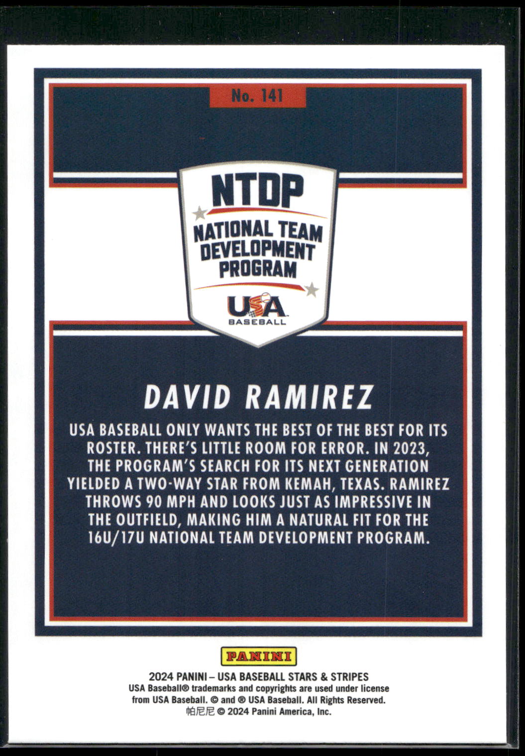 2024 Panini Stars & Stripes USA Baseball #141 David Ramirez Opening Day
