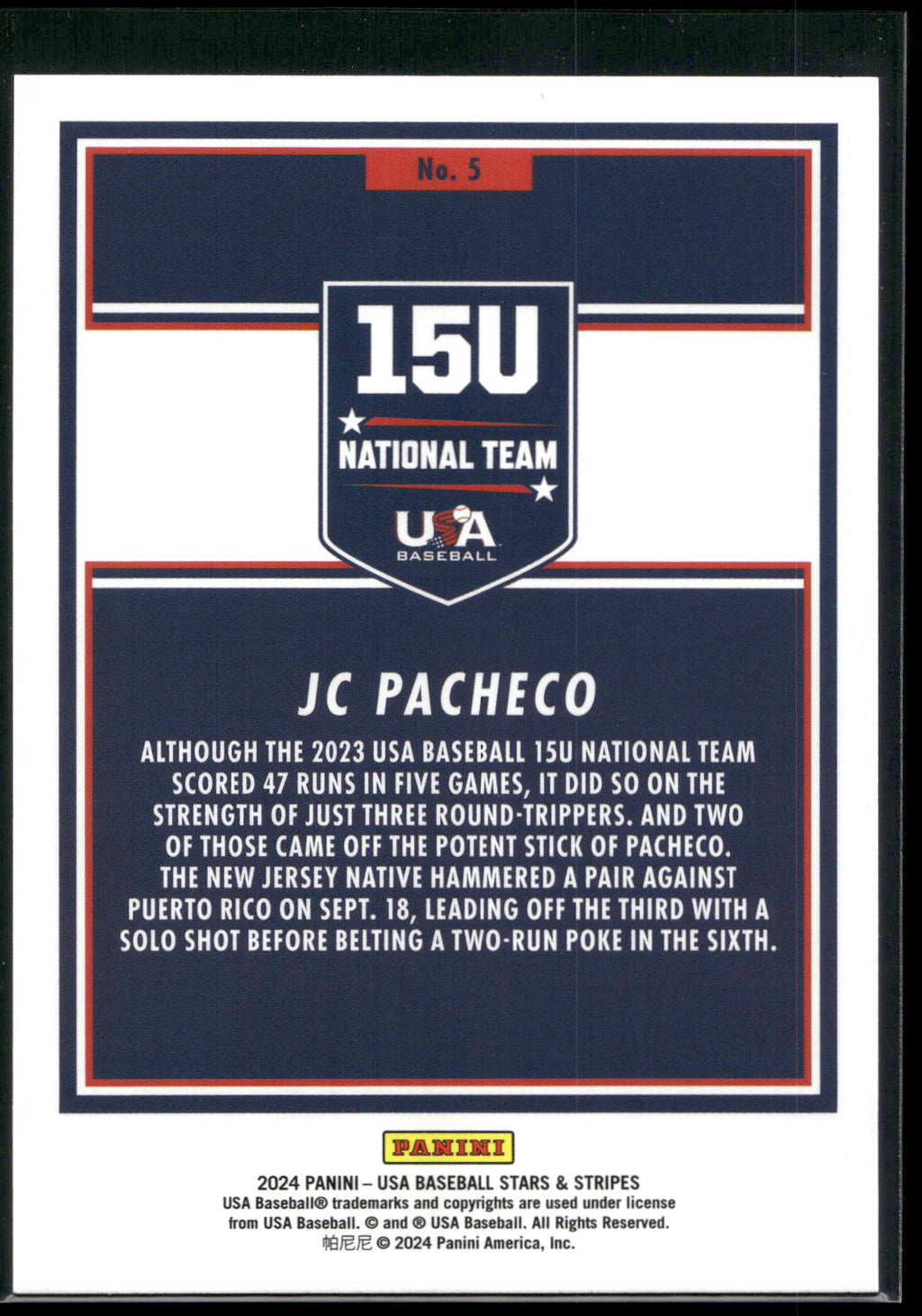 2024 Panini Stars & Stripes USA Baseball #5 JC Pacheco Opening Day