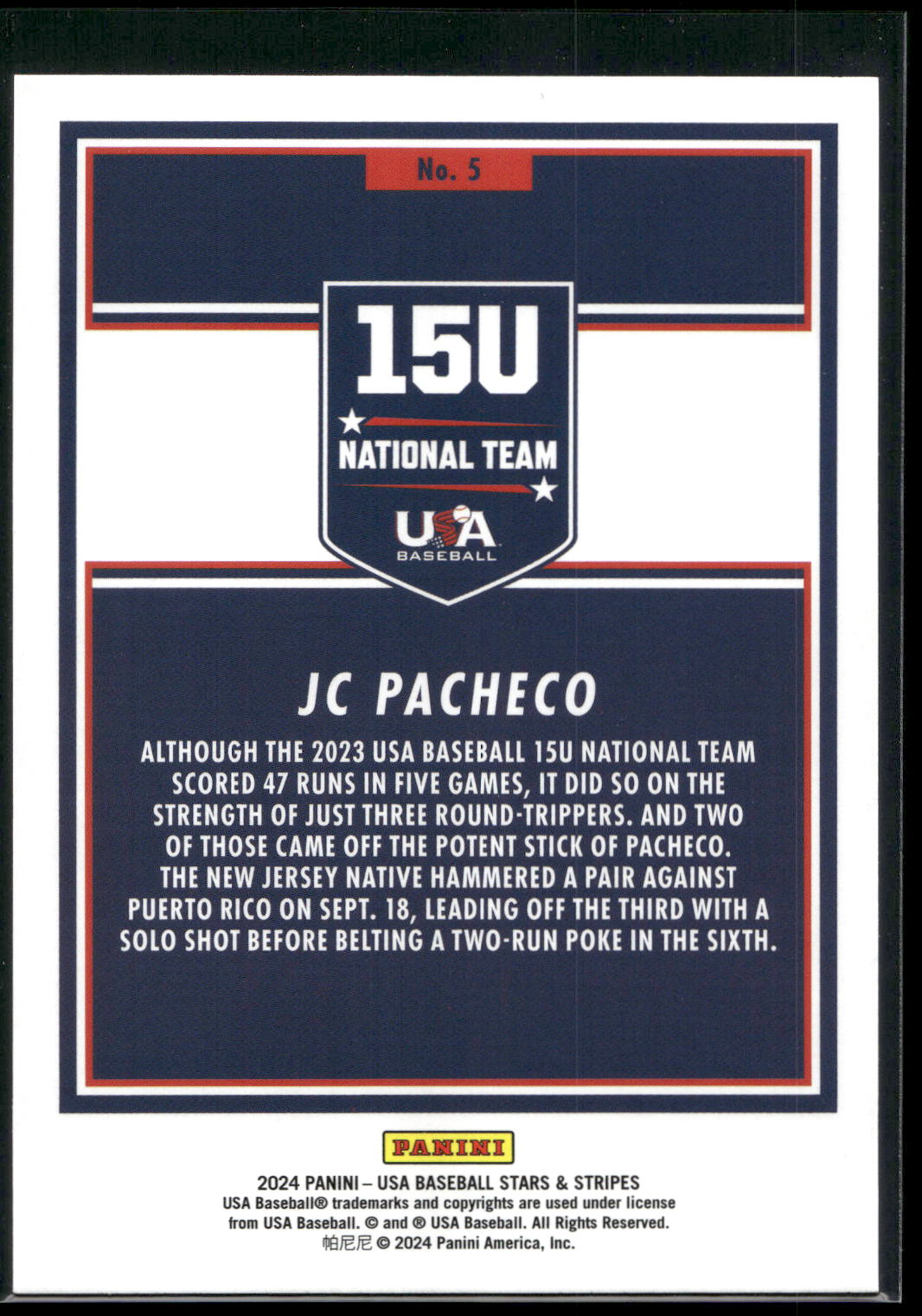 2024 Panini Stars & Stripes USA Baseball #5 JC Pacheco Opening Day